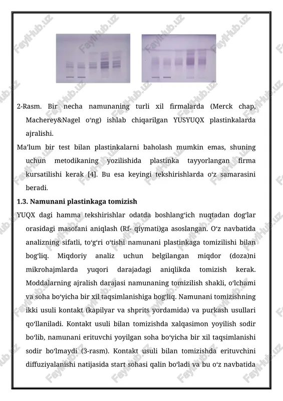 rda «konsentrlangan zona» hosil bo‘ladi va mantiqiy ajralish bo‘lmaydi. rf-qiymatlari farqi kichik bo‘lishi bilan birga har xil anomal holatlar yuzaga keladi (3a-rasm). a) elyuirlanishdan oldingi tomizish sohasi. chapdan ungga: kontaktli nuqtasimon, purkash nuqtasimon, kontaktli chiziqsimon, purkash chiziqsimon v) buyoklarni elyuirlangandan keyingi fotosurati s) kontakt (1-trek, shtrixli chiziq) va purkash (3-trek, yashil chiziq) nuqtalarining natijalarini taqqoslash d) kontaktli chiziqchimon (5-trek, yashil chizik) va chizish purkash (7-trek, ko‘k punktir chizik) natijalarini takkoslash 3v-rasm. har xil tomizishlarni buyoqlar aralashmasining ajralishiga ta’siri (metanol eritmasida 5 mkl va 10 mkl dan) silicagel 60 yusyuqx plastinkasida. elyuint: toluol. i.4. elyuirlanish xromatografiyaning oxirgi natijasi (holati, shakli va komponentlarning ajralishi) kameralarning tipiga va ularning «to‘yinishiga» bog‘liq (4-rasm). tajribalar asosan aniq belgilangan sharoitlarda qo‘shimcha chetlanishlarsiz olib boriladi. xromatografiyaning nazariyasi ko‘pgina adabiyotlarda yoritilgan [3,4,5] bo‘lib, odatda to‘yingan kamera (vertikal va gorizontal) oddiy holatdagiga qaraganda yaxshi natija beradi. bunda elyuirlanish jarayonida elyuintning tezligi kamayadi (5-rasm). yusyukx plastinkalar uchun zarrachalar ulchami kamayishi …