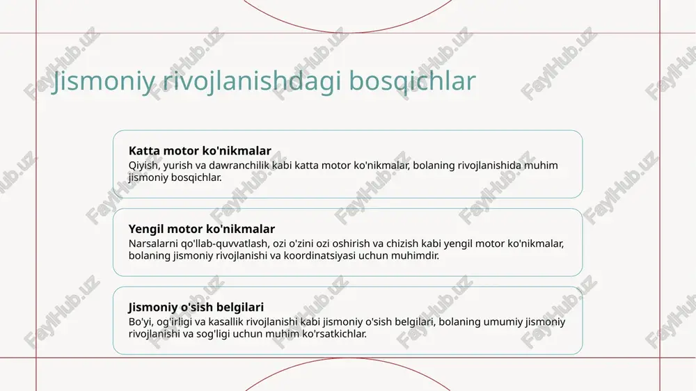 a kirish, havo sifati va zaharlar bilan doimiy ta'sir bo'lishi kabi ekologik ko'rsatkichlar jismoniy rivojlanishga ta'sir qila oladi, potentsial ravishda rivojlanishni to'xtatib, sog'liqqa muammolar chiqarishi mumkin. yoshlarga shaxsiy gigiyena haqida o'qitish shaxsiy gigiyena o'qitishining ahamiyati yoshlarga shaxsiy gigiyenani o'rgatish, kasalliklarni oldini olishda va umumiy yaxshilikni rag'batlantirishda muhimdir. shaxsiy gigiyena o'qitishda qo'llaniladigan mavzular qo'llaniladigan mavzular qo'llab-quvvatlash usullari, tish bakimi, teri bakimi, hayz ko'nikmalari va odatiy ishlangandan suv ichishning ahamiyati bo'lishi mumkin. interaktiv va qiziqarli o'qitish usullari yoshlarni interaktiv faoliyatlar orqali jalb qiling, masalan, rol o'ynash, amaliy ko'rsatmalar, va guruh munozaralari kabi. sog'lom odatlarni rag'batlantirish yoshlarni sog'lom odatlarni rivojlantirishga rag'batlantiring, amaliy maslahatlar taqdim etib, gigiyena mahsulotlarining foydalanishini rag'batlantiring. bolalar va o'smirlarning harakat qobiliyatlari baholash harakat qobiliyatlarining turlari harakat qobiliyatlari katta harakat qobiliyatlari, masalan, yugurish va to'p qo'yish, va yaxshi harakat qobiliyatlari, yozish va poyabzalni bağlash kabi turli turdagi qobiliyatlariga bo'linadi. baholash vositalari harakat qobiliyatlari uchun umumiy baholash vositalari movchut qobiliyatlar uchun harakat …
