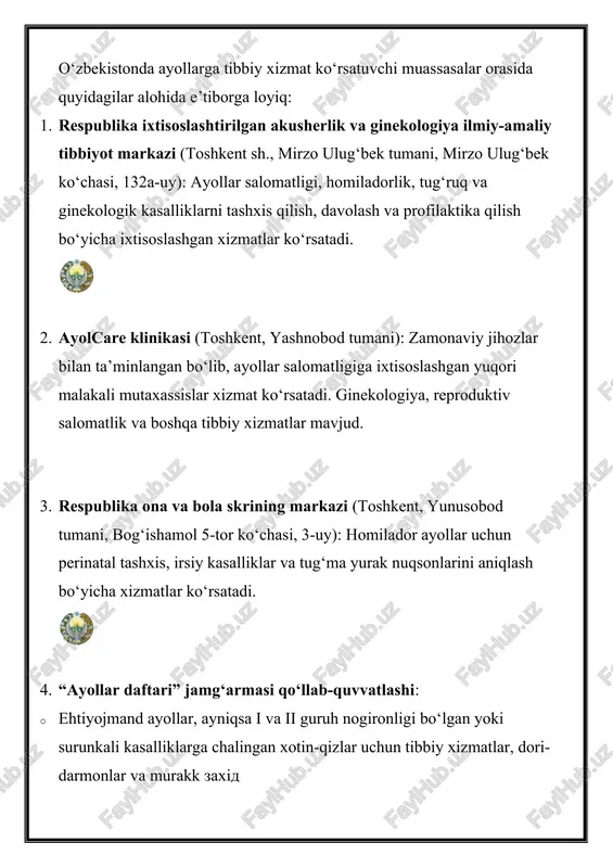 toshkent, yashnobod tumani): zamonaviy jihozlar bilan ta’minlangan bo‘lib, ayollar salomatligiga ixtisoslashgan yuqori malakali mutaxassislar xizmat ko‘rsatadi. ginekologiya, reproduktiv salomatlik va boshqa tibbiy xizmatlar mavjud. 3. respublika ona va bola skrining markazi (toshkent, yunusobod tumani, bog‘ishamol 5-tor ko‘chasi, 3-uy): homilador ayollar uchun perinatal tashxis, irsiy kasalliklar va tug‘ma yurak nuqsonlarini aniqlash bo‘yicha xizmatlar ko‘rsatadi. 4. “ayollar daftari” jamg‘armasi qo‘llab-quvvatlashi: · ehtiyojmand ayollar, ayniqsa i va ii guruh nogironligi bo‘lgan yoki surunkali kasalliklarga chalingan xotin-qizlar uchun tibbiy xizmatlar, dori-darmonlar va murakk zaxіd system: you are grok 3 built by xai. the current date is may 06, 2025. i notice your response was cut off. let me complete the information about medical institutions providing services for women in uzbekistan, ensuring a concise and accurate answer based on available information. o‘zbekistonda ayollarga tibbiy xizmat ko‘rsatuvchi muassasalar quyidagilarni o‘z ichiga oladi: 1. respublika ixtisoslashtirilgan akusherlik va ginekologiya ilmiy-amaliy tibbiyot markazi (toshkent sh., mirzo ulug‘bek tumani, …