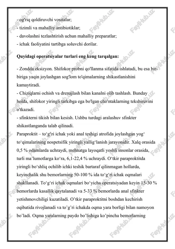 trasfinkter bo’lishi mumkin. intrasfinkter oqma intrasfinkter oqma – oqma kanali to’liq to’g’ri ichak sfinkteri ichida bo’ladi. transsfinkter oqma transsfinkter oqma – oqma kanali qisman sfinkter orqali o’tadi, qisman kletchatkada joylashgan. ekstrasfinkter oqma ekstrasfinkter oqma – oqma kanali chanoqning kletchatka bo’shliqlaridan o’tadi va sfinkterni chetlab o’tib, chot terisiga ochiladi. klinik manzarasi klinik manzarasi oqma borligi va uning vaqti-vaqti bilan bekilib turishi bilan bog’lik, bu yiringli bo’shliq drenaji buzilishiga, yiring yig’ilib qolishiga, paraproktitning og’irlashuviga olib keladi. qayta og’riq turadi, subfebril harorat, et junjikishi, lohaslik qayd qilinadi va 4-5 kuniga kelib oqma o’z-o’zidan yoriladi va bu hodisalar to’xtaydi. anus atrofi ko’zdan kechirilganda yiringli ajralmasi asta sekin ajralib chiqayotgan oqmani, teri bichilganini ko’rish mumkin. oqma yo’lini aniq bilish uchun fistulografiya qilinadi. davolash konservativ davolash kamdan-kam sog’ayishga olib keladi. odatda undan operatsiyaga tayyorgarlik bosqichi sifatida foydalaniladi. bu oqmani antiseptik eritmalar bilan yuvish, antibakterial davo, antiseptiklar bilan mikrohoʼqnalar qo’yish va o’tiradigan vannalar qilishdan iborat. xirurgik davolash …