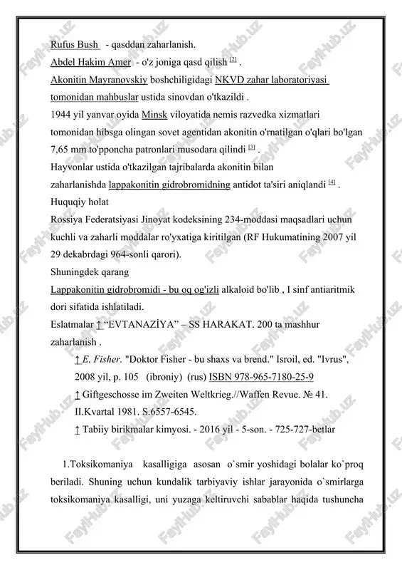 i yuzaga keltiruvchi sabablar haqida tushuncha berish zarur. bu ish ota-ona va o`qituvchilar tomonidan bajarilishi lozim. 2. bolalar va o`smirlarga toksikomaniya kasalligini yuzaga keltiruvchi kimyoviy moddalar (benzin, kerosin, solyarka) kiyim va matolarning dog`larini ketkizadigan kimyoviy aralashmalar, bo`yoqlar, laklar, alif, «moment» kleyi, efir, uxlatuvchi, tinchlantiruvchi, qo`zg`atuvchi dorilar (lyuminal, veronal, amitalnatriy, kofein va boshqalar)ga o`zini yaqin tutmaslikni, qo`llash zarur bo`lganda ulardan uzoq muddat qayta-qayta fondalanmaslik haqida tushuntirish kerak. 3.bolalar va o`smirlarning kimyoviy moddaga o`rganib qolishiga tajribali toksikomanlar sababchi bo`ladi.ular o`zlari qo`llaydigan kimyoviy moddani hidlaganda yoki iste‘mol qilganida kayfiyatining yaxshi bo`lishi haqida maqtanib gapiradilar va bu moddani qabul qilishni tavsiya etadilar, o`zlari qo`llaydigan kimyoviy moddadan bepul muruvvat qiladilar. mazkur moddani 3-4 marta hidlagan yoki iete‘mo1 qilgan o`smir uning ta‘siriga o`rganib qoladi.shuning uchun bolalar va o`smirlarga kimyoviy moddalarni hidlaydigan, iste‘mol qiladigan odamlarga yaqinlashmaslik, ularning maslahatiga e‘tibor bermaslik haqida tushuntirish lozim. ko`pchilik odamlar narkotik deganda faqat ko`knori, nasha, qora dori, geroin va boshqalarni tushunadilar. nos …