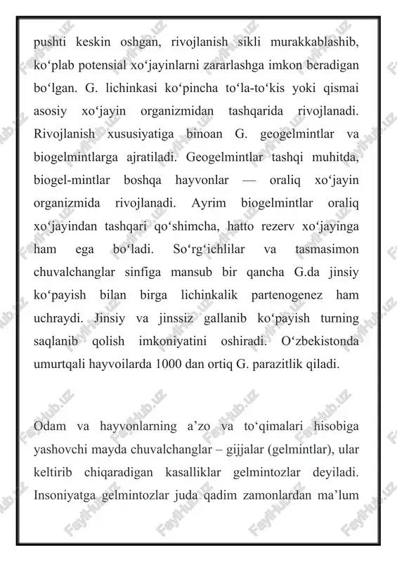 n suvlar bilan sug‘orilishi ham bu xastalikning keng tarqalishiga zamin yaratadi. bundan tashqari gijja kasalligi bilan kasallangan itlarning ekinzorlarda oralab yurishi natijasida yetishtirilayotgan sabzavotlar, rezavorlar va ko‘katlar gijja tuxumlari bilan ifloslanadi. odamlar yaxshi yuvilmagan sabzavotlar, rezavor mevalar va ko‘katlarni iste’mol qilish orqali o‘zlariga gijja tuxumlarini yuqtirib oladilar. aynan sabzavotlar, rezavor mevalar va ko‘katlar orqali askaridoz, trixotsefalyoz, ankilostomidoz, strongiloidoz va exinokokkoz kabi gijja kasalliklari kelib chiqadi. asorati siz o‘ylagandan ham og‘ir dard gijjalar inson organizmiga zaharli ta’sir ko‘rsatadi. shuningdek, ular allergik reaksiyalarni keltirib chiqaradi. yana organizmning har xil yuqumli kasalliklarga qarshi kurashish qobiliyatini pasaytiradi. to‘qima va qon tomir devorlarini mexanik shikastlanishiga sabab bo‘ladi. odam tanasiga tushgan vitaminlar va mineral moddalarni o‘zlashtiradi. ular asab tizimiga ham katta salbiy ta’sir ko‘rsatadi. kasallik belgilari gijja kasalligiga chalingan bemorlarda holsizlik, tez charchash, bosh og‘rig‘i, qorin sohasida og‘riq, ko‘ngil aynishi, asabiylik, allergik toshmalar va terida har xil dog‘larning paydo bo‘lishi kabi klinik belgilar kuzatiladi. ushbu dard …