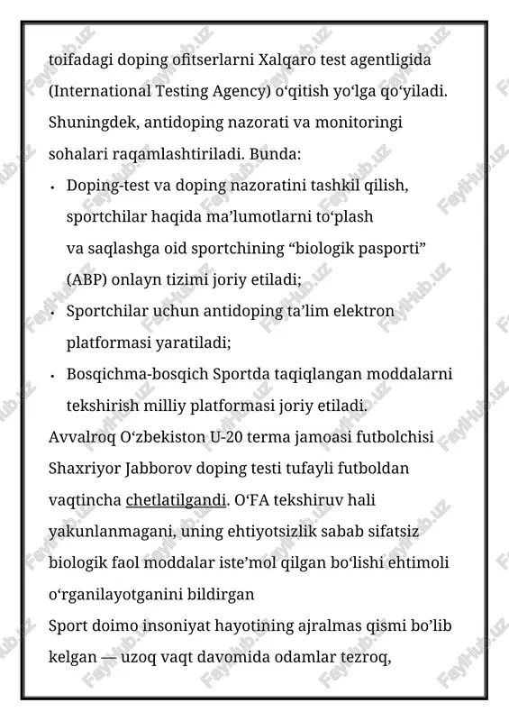 uqtai nazardan muammo hisoblanadi. ushbu muammo yuridik nuqtai nazardan to’liq hal qilinmagan, chunki taqiqlangan farmakologik vositalardan foydalanish uchun ham xalqaro sportda, ham ayrim davlatlarda davlat tomonidan belgilangan jarimalar tizimi etarli darajada samarali emas yoki umuman yo’q. ya’ni, ba’zi davlatlarning qonunlarida dopingdan foydalanganlik uchun javobgarlik va jazo to’g’risidagi normalar mavjud emas. 1965 yilda strasburgda (frantsiya) bo’lib o’tgan xalqaro sport tibbiyoti kongressida «doping» tushunchasi aniqlandi. ushbu ta’rifga ko’ra, doping — bu organizmga begona moddalar yoki har qanday fiziologik moddalarni g’ayritabiiy miqdorda har qanday vositalar yordamida inson tanasiga kiritish yoki har qanday moddani g’ayritabiiy tarzda sun’iy va adolatsiz ravishda kiritish. musobaqa davomida sportchining natijasini oshirish tushuniladi. jismoniy tarbiya va sport bo’yicha xalqaro xartiyada (parij, 1978) jismoniy tarbiya va sport har bir insonning asosiy huquqi ekanligi ta’kidlangan. ushbu hujjatning 7-moddasi, doping sog’liq uchun xavfli va sport odobiga zid bo’lgan hodisa ekanligi tufayli zararli ta’sirga ega deb ta’rif berilgan. dopingga qarshi qonuniy kurash 1989 yilda …