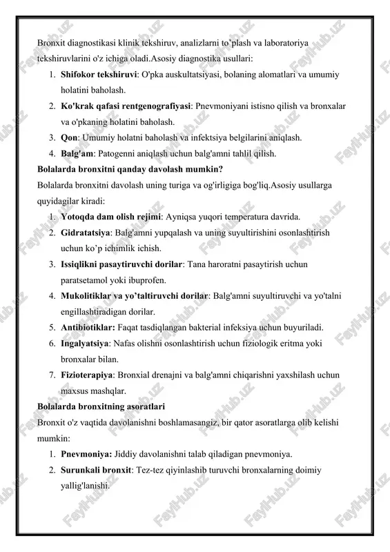 elishi mumkin: 1. pnevmoniya: jiddiy davolanishni talab qiladigan pnevmoniya. 2. surunkali bronxit: tez-tez qiyinlashib turuvchi bronxalarning doimiy yallig'lanishi. 3. bronxoektazlar: surunkali infektsiya va obstruktsiyaga olib keladigan bronxalarning kengayishi va deformatsiyasi. 4. astma: moyilligi bo'lgan bolalarda bronxit bronxial astma rivojlanishiga olib kelishi mumkin. xulosalar bolalardagi bronxit – jiddiy kasallik bo'lib, tashxis qo'yish va davolashga ehtiyotkorlik bilan yondashishni talab qiladi.asoratlarni oldini olish uchun simptomlarni o'z vaqtida aniqlash va shifokor nazorati ostida davolanishni boshlash muhimdir.ota-onalar bolaning ahvolini kuzatishi, unga to'g'ri g'amxo'rlik qilishi va shifokorning barcha tavsiyalariga amal qilishi kerak. bronxit — bolalarda va kattalarda, alomatlari, shakllari, tashxislash, davolash bronxit bronxial shilliq qavatdagi yallig’lanish jarayoni bilan tavsiflangan pastki nafas yo’llarining keng tarqalgan kasalligi hisoblanadi. bronxit belgilari va davolash usullari kasallikning shakliga bog’liq: o’tkir yoki surunkali, shuningdek kasallikning bosqichi. bronxitni davolash barcha shakllari va bosqichlarida zudlik bilan boshlanishi kerak va to’liq tugatilishi kerak: bronxlardagi yallig’lanish jarayoni nafaqat hayot sifatiga, balki xavfli og’ir asoratlar, pnevmoniya, surunkali …