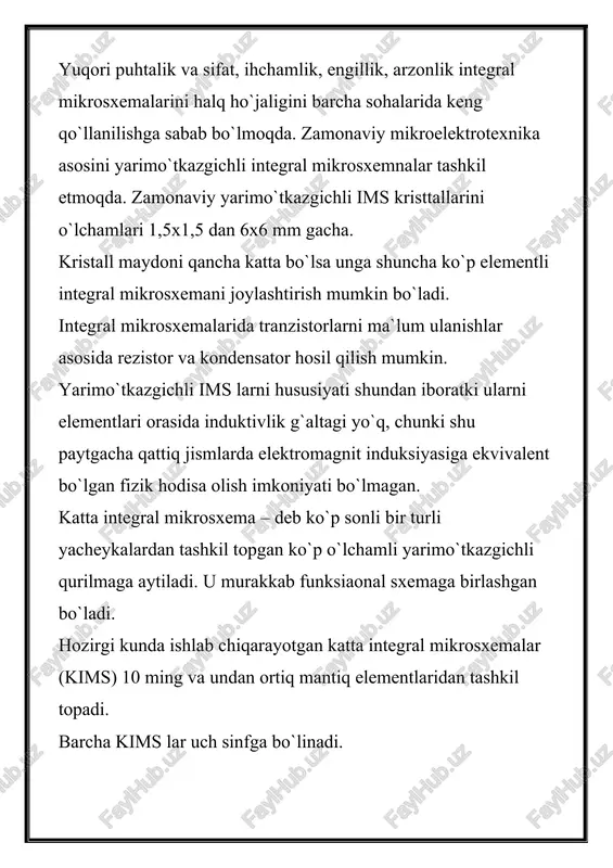 bazasiga bipolyar strukturalar ham kiradi. elektron va yarimo`tkazgichli qurilmalarni loyihalashni umumiy holatlari. to`g`ri elektron va yarimo`tkazgichli qurilmalarni strukturaviy va prinspial elektr sxemalari ularni ishlash prinsplarini taxlil qilishga o`rgatadi. ammo bu elektr sxemalar elektrik va yarimo`tkazgichli qurilmalarni konstruksiyasini belgilay olmaydi, balki ularni tuzish uchun asos bo`la oladi holos. bunday qurilmalarni loyihalashni asosiy prinsplari haqida tushunchalar ularni ishlab chiqarishdagina emas. balki ulardan foydalanish uchun ham kerak bo`ladi. elektron va yarimo`tkazgichli qurilmalarni elementlari aktiv va passiv bo`linadi. aktiv elementlarga quyidagilar kiradi: yarimo`tkazgichli va elektrovakuum asboblar. passiv elementlarga esa: rezistorlar, kondensatorlar, transformatorlar, induktivlik g`altaklari, rele, ulagichlar, indikatorlar, sim va kabellar. qurilma elementlari optimal holatda joylashtirilishi va mahkamlanishi lozim, bir brilari bilan prinspial sxema asosida ulanishi kerak. zamonaviy elektron va yarimo`tkazgichli qurilmalarni ko`pchilik qismi bosma platalarga joylashtirilgan. bunday platalar dielektrik asos hisoblanib teshiklari mavjud va chizmalar ko`rsatilgan. 0,3-1,5 mm diametrda hosil qilingan teshiklar osma elementlar (integral sxemalar, tranzistorlar, rezistorlar, kondensatorlar)ni joylashtirish, bosma platani mahkamlash hamda …