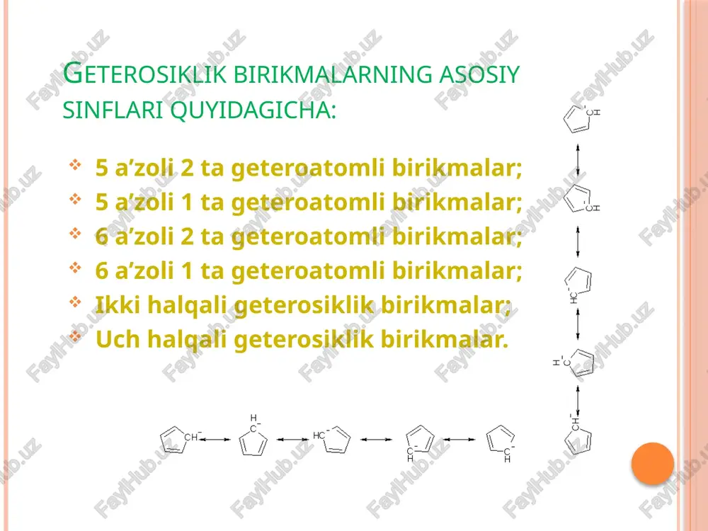 i o‘simlikning asosiy alkaloidi bo‘lib, rangsiz, moysimon, kuchli zaharli suyuqlikdir. 1929-yilda anabazinning tuzilishini a. p. orexov aniqlagan. anabazin nikotin singari qishloq xo‘jaligida kontakt insektitsidi sifatida ishlatiladi. galantamin — u akademik s. y. yunusov maktabida surxondaryo viloyatida o‘sadigan “unqernia victoris” (omon qora) o‘simligining yer ustki qismidan (toshkent kimyo farmatsevtika zavodida) olinadi. galantamin vodorod bromid tuzi tibbiyotda bolalarni shol kasalliklaridan (poliomiyelit) davolashda ishlatiladi. uni xlorid kislota bilan ishlab, metilopogalantamin preparati olinadi, u qon bosimni tushiruvchi dori sifatida keng ishlatiladi. kofein — choy bargini qayta ishlash sanoatida choy barglari chiqindisidan olinadi. u oq kristall bo‘lib, 234 — 237°cda eriydi, tibbiyotda markaziy nerv sistema ishlarini yaxshilashda keng ishlatiladi. e’tiboringiz uchun rahmat :) image2.jpeg image3.png image4.png image5.jpeg image6.png image7.png image8.png image9.png image10.jpeg image11.jpeg fx woh 7 [\ hno, oln ; kohl i ; | \ no 5 potty ln * s no, do. ae c ava6a3nn j [ anahtamuh ho =z sa consumea? gm 22 …