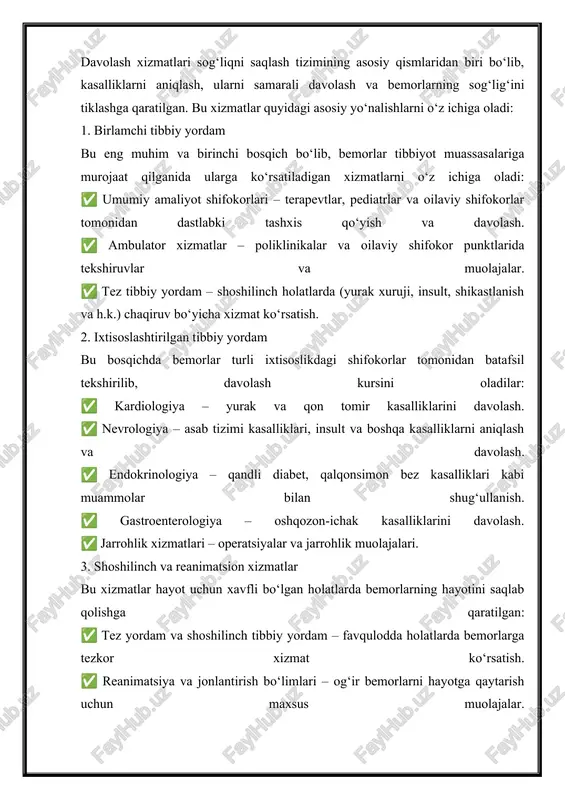 shilinch va reanimatsion xizmatlar bu xizmatlar hayot uchun xavfli bo‘lgan holatlarda bemorlarning hayotini saqlab qolishga qaratilgan: ✅ tez yordam va shoshilinch tibbiy yordam – favqulodda holatlarda bemorlarga tezkor xizmat ko‘rsatish. ✅ reanimatsiya va jonlantirish bo‘limlari – og‘ir bemorlarni hayotga qaytarish uchun maxsus muolajalar. ✅ travmatologiya va ortopediya – suyak sinishlari, kuyishlar va shikastlanishlarni davolash. 4. reabilitatsiya va tiklanish xizmatlari kasallik yoki jarrohlikdan so‘ng bemorlarning sog‘lig‘ini tiklashga qaratilgan xizmatlar: ✅ fizioterapiya – reabilitatsiya jarayonini tezlashtirish uchun maxsus mashqlar va muolajalar. ✅ psixologik yordam – ruhiy holatni yaxshilash va depressiyani davolash. ✅ parhez va ovqatlanish nazorati – maxsus parhez dasturlari va dietologlar xizmatlari. antiseptik vositalar - teri, shilliqqavatlar, yara yuzasida joylashgan mikroorganizimlarni bartaraf etish uchun qo’llaniladi. ular mikroorganizimlarga bakteriostatik (ko’payishni to’xtatish) yoki bakteriostid (xalok etish) ta’sir ko’rsatadilar va shu tufayli infekstion jarayonni oldini oladilar, uni rivojlanishga to’sqinlik qiladilar, uni to’xtadilar. bunday vositalar mahalliy ta’sir etib infekstiya o’chogini bartaraf etganligidan davolash ta’siriga ham …