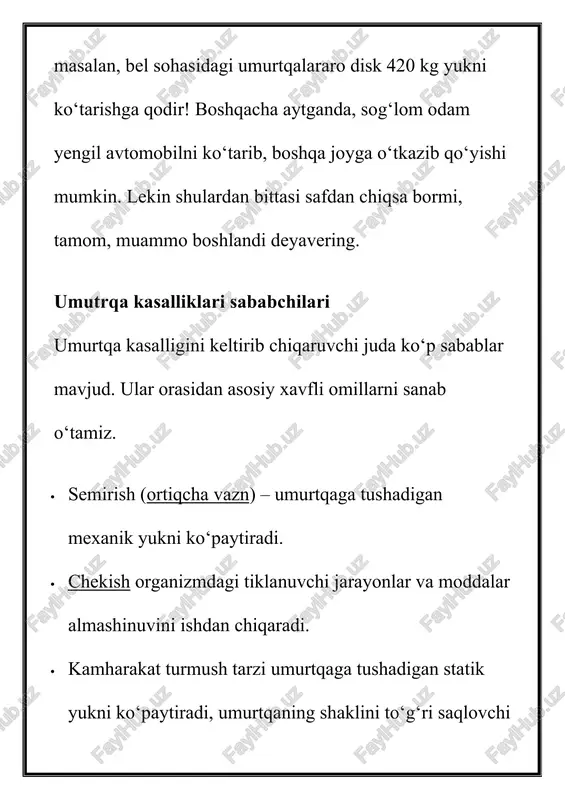 ) faqat keksalarda uchramaydi. bel sohasida to‘satdan paydo bo‘lgan kuchli og‘riq odatda yon tomonga aylanish bilan bir vaqtda oldinga egilganda sodir bo‘ladi. skolioz kasalligi umurtqaning qiyshayishi (skolioz). umurtqaga orqadan qaraganingizda to‘g‘ri bo‘lishi kerak. biroq ba’zi odamlarda u s ko‘rinishini olgan bo‘ladi. umurtqa anchagina qiyshaygan bo‘lsa, harakatlanganda ham og‘riq yuzaga keladi. osteoxondroz osteoxondroz. bunda umurtqani o‘rab turuvchi mushak va paylarda moddalar almashinuvi jarayoni buzilishi sodir bo‘ladi. yosh o‘tgan sayin muayyan omillar ta’sirida umurtqa pog‘onalarining o‘zi ham o‘zgaradi – o‘simta va do‘mboqlar paydo bo‘ladi. ular yordamida organizm shikastlangan umurtqa pog‘onalarini tiklashga harakat qiladi. umurtqalararo disklarning suyak va tog‘ay to‘qimalarida yemiruvchi jarayonlar tufayli og‘riq paydo bo‘ladi, shikastlangan bo‘g‘imlarda harakat cheklanadi, nevralgiya, radikulit, skolioz kabi kasalliklar kelib chiqadi. image1.jpeg