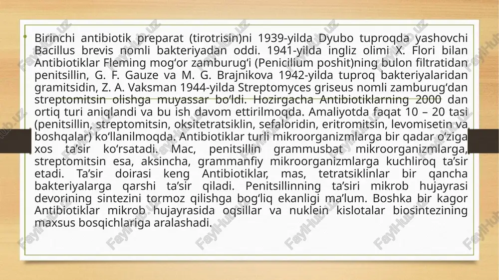 tatik ta’sir xususiyatiga ega bo’lgan moddalardir. bugungi kunga kelib dunyo miqyosida turli xildagi kimyoviy birikmalar sinfyga taa’llukli bo’lgan 500 ga yaqin antibiotiklar ishlab chiqaridmoqda. dorilarni ishlab chiqarishdagi mehnat sharoitini belgilovchi ishlab chiqarish omillariga umumiy ta’rif kimyoviy omil. o’tkazilgan tekshirishlarning ko’rsatishicha, kimyo- farmasevtika korxonalaridagi asosiy nomuvofiq ta’sir etuvchi omillar, ishchi zonasi havosining zararli organiq va anorganiq moddalar bilan ifloslanishi, kiyimlar va badan terisining ifloslanishi hisoblanadi. dorivor preparatlarni ishlab chiqarishdagi ko’pgina korxonalardagi ishchi zonasi havosini ifloslovchi kimyoviy moddalarning tarkibi murakkab xarakterga ega bo’lib, bir vaqtning o’zida juda ko’p kimyoviy ingridientlarning aerozol, bug’ yoki gaz holida bo’lishi bilan bog’likdir. trixodermin gʻoʻzaning vertitsillyoz vilti va qishloq xoʻjaligi ekinlarining kasalliklari: himoyalangan tuproqsa bodring, pomidor ildiz chirishi, kartoshka rizoktoniozi, bugʻdoy gelmintosporiozi, makkajoʻxori qorakuyasi va boshqa qarshi kurashda ishlatiladi. trixodermaning toshkent shtammi asosida trixodermin olish texnologiya si ishlab chiqilgan. adan dustlar bilan upalash va koʻchat materiallari (koʻchat, qalamcha, tuganak, urugʻ)ni eritmalarda hoʻllash bilan foydalaniladi. antibiotiklar oʻsimlik tanasiga …
