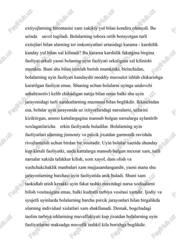 ik yoshidaga bolalarning' asosiy xususiyatlaridir. agar organik ehtiyojlar yetarli darajada qondirib borilsa, ular o‘zlarining asosiy bo‘lish ahamiyatini yuqotadi: to‘tri tashkil etilgan kun tartibi, rejim va tarbiya natijasida bola psixik rivojlanishi uchun asos bo‘ladigan taassurotlarga, harakatga, muloqotga nisbatan yangi turdagi ehtiyojlar gurkumi yuzaga keladi, bola tugilishining birinchi haftasidanoq uning ko‘rish va eshitish sezgilari jadal suratda rivojlanadi. bola harakatlanayotgan narsani kuzata boshlaydi. u turli ovozlarga, jumladan, katgalarning tovushlariga e’tibor bera boshdaydi. yangi tugilgaya chaqaloqning miya og‘irligi kattalar miyasining 1/4 qismiga to‘gri keladi, nerv hujayralarning soni esa xuddi kaggalarniki kabi bo‘lib, lekin ular yetarli darajada rivojlanmagan bo‘ladi. ilk go‘daklik davri - bu bolaning himoyasiz, kam harakat, harakat holatidan juda jadal ravishda rivojlanadigan, quvnoq bolaga aylanish davridir. u qisqa vaqt ichida katgalar bilan munosabat o‘rnatadi, predmetlarni ushlashga va ulardan foydalanishta o‘rganadi. u atrof olamdagi narsalarni kuzatadi, predmetlarni qo‘li bilan ushlab, ularni qandayligini bilishga intiladi, tovushlarga e’tibor beradi va predmetlar yordamida shu tovushlarni o‘zi yaratishga …