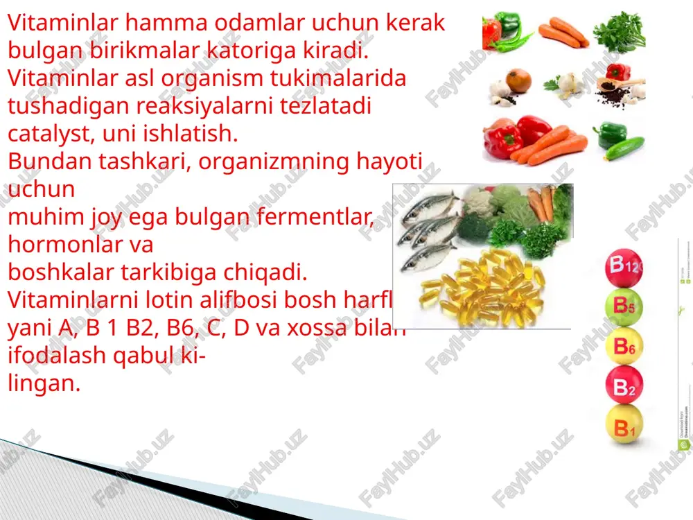tem ham uz aksini vitamin k. vitamin k ning eng asosiy biologik ahamiyati u gigarda k,on ivishini taminlovchi ok.sillar synthezida katnashishidan iborat. vitamin k erkin radikal reaksiyalarining va peroksidlarning membranalarga epishishi tuktashiga izhobiy ta'sir kiladi. tukimalarga nur tasir etganda vitamin to membranelarni bir mejorda saklashg a yordam beradi va huddy vitamin e kabi membranalarning hormone retseptorlari yukini yuklaydi. vitamin k etishmasliga kon ivishini sekinlashtira- di, natijada kon ketishi va gemorrhoids and gik natijalar rivozh- lanishiga imkoniyat tug'diradi. glu tamin kislotalovchi u-karboksillanishi faqatgina vitamin k mikdoriga emas, beams membranelardagi fosfolipidlar mikdoriga ham boglik. vitamin etishmasligi k hollarida hujaira membranelari tar- kibiy kismlarining sifatiy uzgarishlari bilan birga membrana tarkibidagi xolesterin mikdori kamaishi ham aniklangan. e vitamini (tokoferol). vitamin e ni boshka egda eruvchi yordam bilan birlashmasi va asosiy tizimi organizm azo huzhayralari membrana tarkibi va funksiyalarini boshkarishdir. membranaga boglik fermentlar activeliga, nuclein acidalar, oxylar, lipidlar carbohydratelar, energetika va yakkol bilan ta'sir qilish …