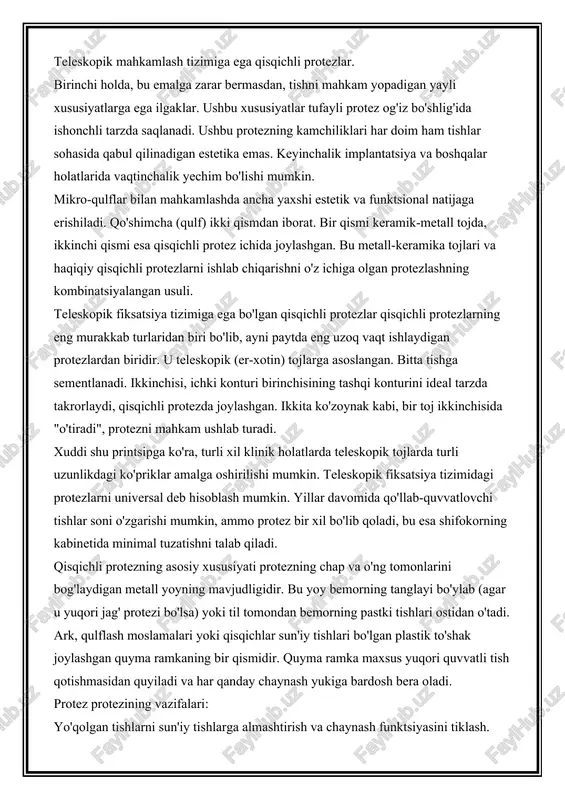 hlar (ilgaklar) bilan mahkamlangan qisqichli protezlar; mikroblokli mahkamlagichlar (qo'shimchalar) yordamida ushlab turiladigan qisqichli protezlar; teleskopik mahkamlash tizimiga ega qisqichli protezlar. birinchi holda, bu emalga zarar bermasdan, tishni mahkam yopadigan yayli xususiyatlarga ega ilgaklar. ushbu xususiyatlar tufayli protez og'iz bo'shlig'ida ishonchli tarzda saqlanadi. ushbu protezning kamchiliklari har doim ham tishlar sohasida qabul qilinadigan estetika emas. keyinchalik implantatsiya va boshqalar holatlarida vaqtinchalik yechim bo'lishi mumkin. mikro-qulflar bilan mahkamlashda ancha yaxshi estetik va funktsional natijaga erishiladi. qo'shimcha (qulf) ikki qismdan iborat. bir qismi keramik-metall tojda, ikkinchi qismi esa qisqichli protez ichida joylashgan. bu metall-keramika tojlari va haqiqiy qisqichli protezlarni ishlab chiqarishni o'z ichiga olgan protezlashning kombinatsiyalangan usuli. teleskopik fiksatsiya tizimiga ega bo'lgan qisqichli protezlar qisqichli protezlarning eng murakkab turlaridan biri bo'lib, ayni paytda eng uzoq vaqt ishlaydigan protezlardan biridir. u teleskopik (er-xotin) tojlarga asoslangan. bitta tishga sementlanadi. ikkinchisi, ichki konturi birinchisining tashqi konturini ideal tarzda takrorlaydi, qisqichli protezda joylashgan. ikkita ko'zoynak kabi, bir …