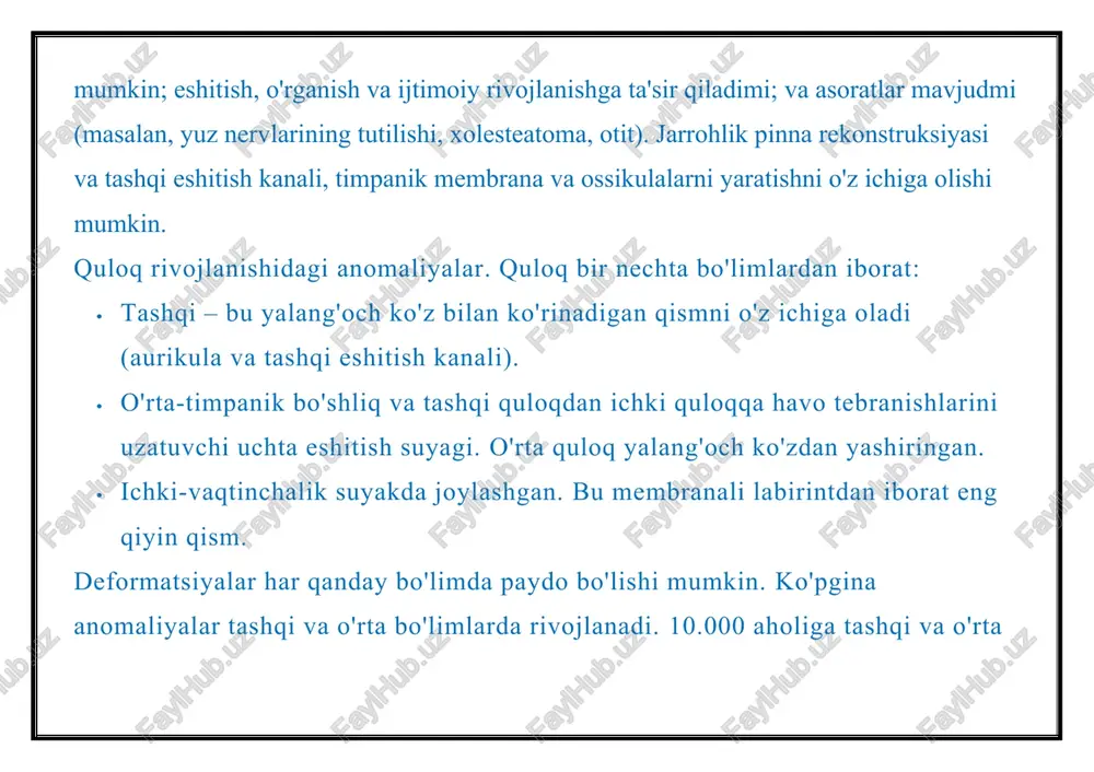 nuqsonlari yangi tug'ilgan chaqaloqlarning 1: 700-15.000 chastotasi bilan yuzaga keladi. ko'pincha ular o'ng tomonda hosil bo'ladi. o'g'il bolalarda ular qizlarga qaraganda ikki baravar ko'p uchraydi. 15% hollarda ular irsiy xususiyatga ega, 85% intrauterin rivojlanishning buzilishi natijasidir. mumkin sabab: · radiatsiya; · homiladorlik paytida onalar tomonidan qabul qilingan dorilar; · vitamin etishmasligi (a vitaminining etishmasligi ayniqsa xavflidir); · homiladorlik paytida ona tomonidan yuqadigan kasallik-qizilcha, qizamiq, suvchechak, gripp (ayniqsa birinchi trimestrda xavfli). alomatlar quloqlarning tashqi qismidagi tug'ma nuqsonlarni aniqlash qiyin emas. bunday nuqsonlar yalang'och ko'z bilan ko'rinadi. chig'anoqlarning chiqishi, ularning ko'payishi, deformatsiyasi, kamayishi yoki umuman yo'qligini sezmaslik mumkin emas. o'rta va ichki quloqning rivojlanishidagi nuqsonlarning yagona sezilarli alomati eshitish qobiliyatini yo'qotish, ya'ni eshitish qobiliyatining buzilishi. vaqt o'tishi bilan, bola tovushlarga javob bermasligi aniq bo'ladi. ota-onalar normal rivojlanish belgilarini bilishlari kerak: · 30 kun ichida chaqaloq qattiq ovoz bilan titraydi, · 16 xaftada u kelayotgan shovqin tomon qaraydi. agar bunday harakatlar bo'lmasa, bolani …