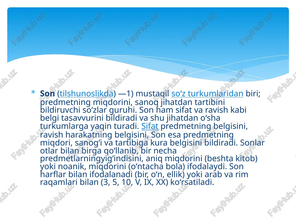 ʼnosiga koʻra, sonning 2 turi farqlanadi: koʻpaytma son — qismlari bildirgan miqdorning koʻpaytmasidan iborat boʻlgan miqdorni bildiruvchi murakkab s: besh ming (5x1000), uch yuz (3x100), uch million (zx1000000); qoʻshilma son — qismlari bildirgan miqdorning yigʻindisidan iborat boʻlgan miqdorni bildiruvchi s: oʻn sakkiz (10+8), yetmish besh (70+5) va shu kabi sonlar gapda, asosan, aniqlovchi, oʻrniga qarab boshqa barcha ran boʻlaklari vazifasida kela oladi; 2) grammatik miqdor maʼnosini ifodalovchi shakllar tizimi; son kategoriyasi. oʻzbek tilida son kategoriyasining 2 turi mavjud: birlik son — bir turdagi narsabuyumlardan bittasini (oʻquvchi, daftar, daraxt); predmetning bir (yakka) shaxsga tegishliligini (ukam, daftaring, qalami); olmoshlarda shaxsning yakkaligini (men, sen, u); feʼllarda harakatni bir (yakka) shaxs bajarishini (oldim, kelding, koʻraman, oʻqiysan, boradi) bildiradi; koʻplik sonlar ko‘pincha raqamlar bilan yoziladi: 1) arab raqamlari bilan 0, 1, 2, 3, 4, 5, 6, 7, 8, 9. 2) rim raqamlari bilan: birliklar: i (1), ii (2), iii(3), iv(4), v (5), vi (6), vii …