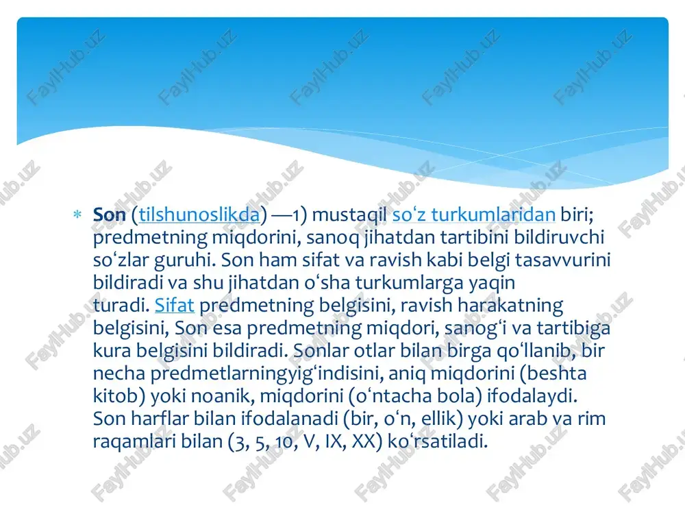 ni bild) va har doim tartibda bo'lishi kerak. st, | son ma'no jihatdan va grammatik xususiyatiarga ko ra ikki guruhga bo linadi: sanoq sonlar va tartib sonlar. 1. sanog son predmet yoki ish- harakatning sonini, miqdorini, beigisini bildiradi: uch bola, ikkita kiteb, besh ag paxta, olti kilogramm sotib oldi kabi. ~ tartib sonlar sanoq soniarga -nchi, - inchi go'shimchalarini qo'shish orgali hosil gilinadi. nechanchi? kabi so’rog‘iga javeb bo'ladi ular ragam bilan patch c) qo'yiladi. 7- sinf  son — predmetning birdan ortikdigini, koʻpligini, uning birdan ortiq (koʻp) shaxsga tegishliligini (kitoblar, daraxtlar; kitobimiz, maktabingiz, uylari); olmoshlarda shaxsning birdan ortiq (koʻp)ligini (biz, siz, bizlar, ular); feʼllarda harakatni birdan ortiq shaxs bajarishini (bordik, borganmiz, boramiz; ishlasak, ishlasangiz) bildiradi. otlarda birlik sonni koʻrsatadigan maxsus qoʻshimcha yoʻq, koʻplik son esa lar affiksini qoʻshish orqali hosil qilinadi. koʻp tillarda birlik son koʻplik songa qaramaqarshi qoʻyiladi. biroq ayrim tillarda (som tillarida, avstraliya va amerikaning mahalliy tillarida) ikkilik …