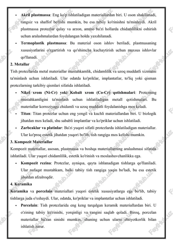shni ta'minlaydi. akril plastmassa protezlar qulay va arzon, ammo ba'zi hollarda chidamlilikni oshirish uchun aralashmalardan foydalangan holda yaxshilanadi. · termoplastik plastmassa: bu material oson ishlov beriladi, plastmasaning xususiyatlarini o'zgartirish va qo'shimcha kuchaytirish uchun maxsus ishlovlar qo'llanadi. 2. metallar tish protezlarida metal materiallar mustahkamlik, chidamlilik va uzoq muddatli xizmatni ta'minlash uchun ishlatiladi. ular odatda ko'priklar, implantatlar, to'liq yoki qisman protezlarning tarkibiy qismlari sifatida ishlatiladi. · nikel xrom (ni-cr) yoki kobalt xrom (co-cr) qotishmalari: protezning mustahkamligini ta'minlash uchun ishlatiladigan metall qotishmalari. bu materiallar korroziyaga chidamli va uzoq muddatli foydalanishga mos keladi. · titan: titan protezlar uchun eng yengil va kuchli materiallardan biri. u biologik jihatdan mos keladi, shu sababli implantlar va ko'priklar uchun ishlatiladi. · zarbcaklar va platinlar: ba'zi yuqori sifatli protezlarda ishlatiladigan materiallar. ular ko'proq estetik jihatdan yuqori bo'lib, tish rangiga mos kelishi mumkin. 3. kompozit materiallar kompozit materiallar, asosan, plastmassa va boshqa materiallarning aralashmasi sifatida ishlatiladi. ular yuqori chidamlilik, estetik …