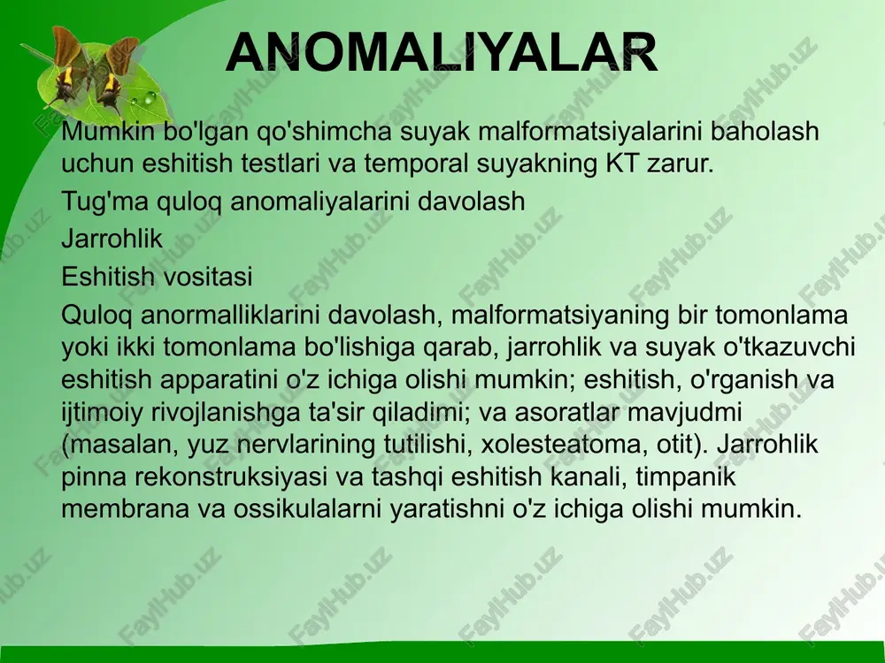 tomonidan to'ldirilib boriladi. bolada esa aksincha, eshitish orqali nafaqat ma'lumot qabul qiladi, nutqqa, muomala qilishga, so'zlarni aytishga o'rganadi. agar bola eshitish qobiliyati pastligi tufayli bir necha bor qaytariladigan bitta so'zni har safar turli xil eshitsa, umuman u so'zni eslay yo qabul qila olmaydi, buning natijasida uning so'z boyligi kengaymaydi. image4.png image5.png image1.png image2.png image6.gif image7.gif image8.png image9.png image10.png image11.png image12.png image13.png image3.png q /docprops/thumbnail.jpeg quloq anomaliyalari 7 | mr