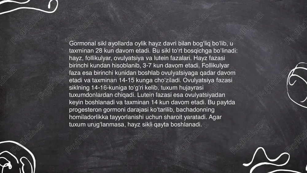 oduktiv salomatlik uchun zarurdir. normadan chetga chiqqan holatlar reproduktiv muammolar keltirib chiqarishi mumkin. bu gormonlar ko'pincha klinik tekshiruvlarda bepushtlik, klimakterik o'zgarishlar yoki boshqa gormonal muvozanatsizliklar tashxisida aniqlovchi omil sifatida kuzatiladi. ... t.me/slaydai_bot ovarial follikul va gormonal o'zgarishlar ayolning menstrual tsiklining muhim qismidir. tsiklning follikular fazasi davomida fsh (follikulni stimullovchi gormon) darajasi oshadi, bu esa follikul o'sishini rag'batlantiradi. odatda bir dominant follikul ajralib chiqadi. lh (lyuteinlashtiruvchi gormon) oshishi bilan ovulyatsiya sodir bo'ladi. estrogen darajasi follikular fazada oshib boradi va endometriy o'sishga boshlaydi. ovulyatsiyadan keyin luteal faza kiradi, unda progesteron gormoni ko'payadi va endometriy qalinlashadi. agar urug'lanish bo'lmasa, gormon darajalari pasayadi va hayz ko'rish boshlanadi. ushbu jarayon taxminan 28 kun davom etadi. jinsiy siklning gormonal boshqaruvli mexanizmi odiljaniva diyora e'tiboringiz uchun raxmat!