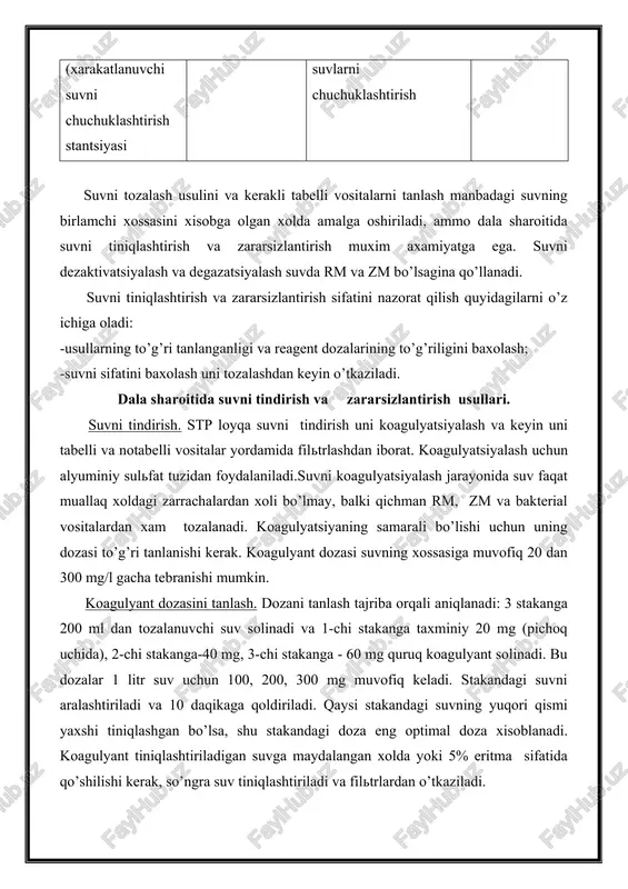 y, balki qichman rm, zm va bakterial vositalardan xam tozalanadi. koagulyatsiyaning samarali bo’lishi uchun uning dozasi to’g’ri tanlanishi kerak. koagulyant dozasi suvning xossasiga muvofiq 20 dan 300 mg/l gacha tebranishi mumkin. koagulyant dozasini tanlash. dozani tanlash tajriba orqali aniqlanadi: 3 stakanga 200 ml dan tozalanuvchi suv solinadi va 1-chi stakanga taxminiy 20 mg (pichoq uchida), 2-chi stakanga-40 mg, 3-chi stakanga - 60 mg quruq koagulyant solinadi. bu dozalar 1 litr suv uchun 100, 200, 300 mg muvofiq keladi. stakandagi suvni aralashtiriladi va 10 daqikaga qoldiriladi. qaysi stakandagi suvning yuqori qismi yaxshi tiniqlashgan bo’lsa, shu stakandagi doza eng optimal doza xisoblanadi. koagulyant tiniqlashtiriladigan suvga maydalangan xolda yoki 5% eritma sifatida qo’shilishi kerak, so’ngra suv tiniqlashtiriladi va filtrlardan o’tkaziladi. suvni filtrlash - dala sharoitida suvni qaynatish yoki xlor yordamida xlorlash orqali amalga oshiriladi. kichik xajmdagi suvlar qaynatish orqali zararsizlantiriladi. qaynatish vaqti : agar suv bak.vositalar bilan ifloslanganligi xaqida ma’lumotlar bo’lmasa - 10 …