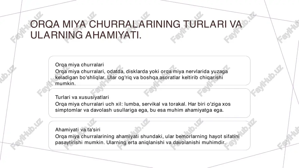 rining asosiy foydasi og'riqni kamaytirish va bemorlarning harakat qobiliyatini tiklashdir. bu, shuningdek, hayot sifatini yaxshilaydi. 3 reabilitatsiya jarrohlikdan so'ng reabilitatsiya jarayoni bemorlarning tiklanishida muhimdir. bu jarayon kuch va moslashuvchanlikni qayta tiklashga yordam beradi, shuningdek, qiyinchiliklarni kamaytiradi. 4 innovatsiyalar zamonaviy jarrohlik usullari innovatsion texnologiyalarni o'z ichiga oladi, masalan, lazerli jarrohlik va minimal invaziv usullar. bu usullar jarrohlik xavfini kamaytiradi va tiklanishni tezlashtiradi. orqa miya churralaridan keyin reabilitatsiya: muhim bosqichlar va maqsadlar. 1 reabilitatsiya jarayoni orqa miya churralaridan keyin reabilitatsiya jarayoni bemorning tuzalish jarayonini tezlashtirish uchun muhimdir, bu harakat va kuchaytirish mashqlarini o'z ichiga oladi. 2 maqsadlar va vazifalar reabilitatsiya jarayonining asosiy maqsadi bemorning og'riqlarini kamaytirish, harakatlanish qobiliyatini tiklash va kundalik faoliyatga qaytishda yordam berishdir. 3 fizioterapiya roli fizioterapiya orqa miya churralaridan keyin reabilitatsiyaning ajralmas qismidir, chunki u mushaklarni kuchaytirish va harakatni tiklashga yordam beradi. reabilitatsiya jarayonida bemorlarni qo'llab- quvvatlash va motivatsiya. bemorni tushunish reabilitatsiya jarayonida bemorlarni tushunish ularning individual ehtiyojlari va …