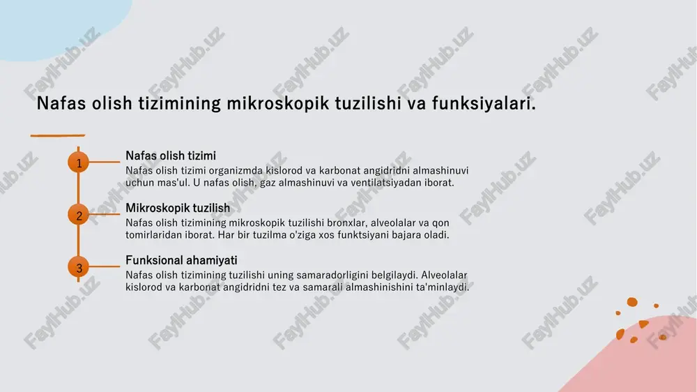 uvlar turlarning evolyutsion jarayonlari nafas olish tizimining tuzilishiga ta'sir qiladi. suvda yashovchi organizmlarda, masalan, bronx va nafas olish organlari farq qiladi. o'zbekistondagi nafas olish tizimi tadqiqotlari va ularning turlarga ta'siri. 1 o'zbekistondagi tadqiqotlar - o'zbekistonda nafas olish tizimini o'rganish bo'yicha bir qancha tadqiqotlar amalga oshirildi, bu nafas olish organlarining histologik tuzilishini chuqur o'rganishga yordam beradi. 2 turlarga ta'siri - tadqiqotlar natijalari turlararo farqlarni aniqlashga imkon beradi, bu esa evolyutsion moslashuvlar va biologik xilma-xillikni tushunishga xizmat qiladi. 3 mahalliy xususiyatlar - o'zbekistonning iqlimi va ekologik sharoitlari nafas olish tizimining histologik xususiyatlarini o'zgartiradi, bu esa mahalliy organizmlar uchun ahamiyatlidir. 4 kelajak tadqiqotlari - kelajakda nafas olish tizimiga oid tadqiqotlar davom ettirilishi, zamonaviy metodlardan foydalanish orqali yangi xulosalar chiqarishga olib kelishi kutilmoqda. histologik solishtirish usullari: mikroskopik tuzilishni o'rganish. 1 tarjimai hol histologik solishtirish usullari mikroskopik tuzilishni o'rganish uchun muhimdir. ular turli organizmlar va ularning nafas olish tizimlarini taqqoslash imkonini beradi. 2 usullar va …