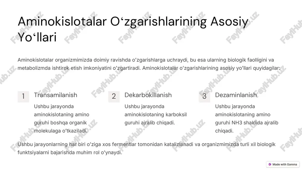 k traktida va miyaning baʼzi qismlarida sodir boʻladi. dekarbokillanish reaksiyalari quyidagi natijalarni keltirib chiqaradi: • aminokislotalarni oʻzgartirish: dekarbokillanish orqali aminokislotalar boshqa organik molekulalarga oʻzgartiriladi, bu esa ularning biologik faolligini oʻzgartiradi. • biologik faol moddalar ishlab chiqarish: dekarbokillanish orqali aminokislotalardan turli xil biologik faol moddalar ishlab chiqariladi, masalan, serotonin, gaba va dopamin. dekarbokillanish reaksiyalari aminokislotalar almashinuvida muhim rol oʻynab, turli xil biologik faol moddalar ishlab chiqarishda va asab tizimining faoliyatini tartibga solishda ishtirok etadi. https://gamma.app/?utm_source=made-with-gamma dezaminlanish reaksiyalari dezaminlanish reaksiyalari aminokislotaning amino guruhi (nh2) ammiak (nh3) shaklida ajralib chiqishi bilan tavsiflanadi. ushbu jarayon oʻziga xos dezaminaz fermentlari tomonidan katalizlanadi. dezaminlanish reaksiyalari asosan jigarda sodir boʻladi. dezaminlanishning asosiy turlari oksidlovchi va gidrolitik dezaminlanishdir. oksidlovchi dezaminlanishda aminokislotalar kislorod bilan reaksiyaga kirishib, ammiak va alfa-keto kislotani hosil qiladi. gidrolitik dezaminlanishda esa aminokislotalar suv bilan reaksiyaga kirishib, ammiak va alfa-amino kislotani hosil qiladi. dezaminlanish reaksiyalari quyidagi maqsadlarda ishlatiladi: • aminokislotalar almashinuvi: dezaminlanish orqali aminokislotalar ammiak va …