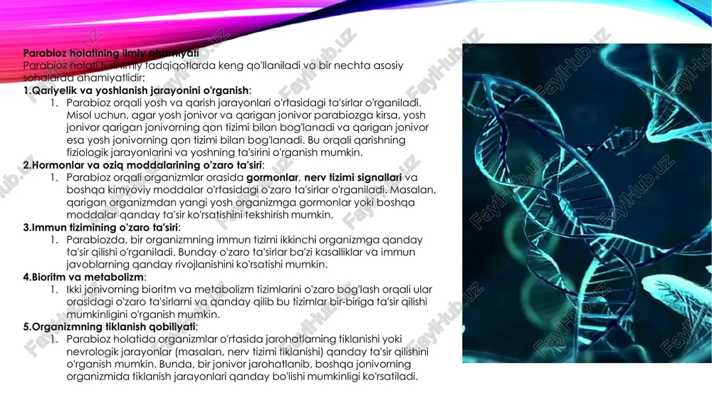 genetik o'zgarishlar va mutatsiyalarni o'rganish mumkin. ayniqsa, qarish yoki kasalliklarni bartaraf etish jarayonlari o'rganiladi. •tibbiyot va transplantatsiya: parabioz transplantatsiya jarayonlari va immun tizimi o'zgarishlari bilan bog'liq tadqiqotlar uchun ham qo'llaniladi. •farmakologiya va dori ishlab chiqish: yangi dori vositalarini ishlab chiqishda parabiozdan foydalanish mumkin. masalan, yangi dorilarni organizmga qanday ta'sir qilishini o'rganish uchun parabioz usullari ishlatiladi. akson transporti — bu nerv tizimining hujayralarida (neyronlarda) aksonning bir yoki boshqa qismlariga zarur moddalarni tashish jarayonidir. bu jarayon neyronlar o'rtasidagi aloqa va ularning normal funksiyalarini ta'minlashda juda muhim rol o'ynaydi. akson transporti ikki yo'nalishda amalga oshiriladi: anterograd transporti va retrograd transporti. akson transportining muvaffaqiyatli amalga oshirilishi uchun mikrotubullar va motorli oqsillar kerak bo'ladi. 1. akson transportining turlari akson transporti ikki asosiy yo'nalishda bo'ladi: anterograd transporti: bu transport turi neyronning hujayra tanasidan aksonning uchigacha yoki sinapsgacha bo'ladi. anterograd transportda moddalarning akson bo'ylab oldinga harakatlanishi kuzatiladi. retrograd transporti: bu transport turi akson uchidan (sinapsdan) hujayra tanasiga …