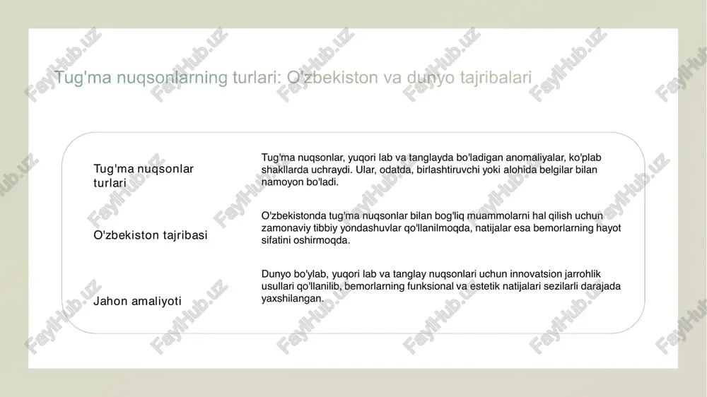 itatsiya jarayonida psixologik va ijtimoiy qo'llab-quvvatlash muhimdir, bu esa ularning tiklanishiga yordam beradi. 1 estetik yaxshilanish rekonstruktiv jarrohlik, yuqori lab va tanglay nuqsonlarini tuzatish orqali, bemorlarning yuz estetikasini sezilarli darajada yaxshilaydi. 2 psixologik ta'sir ushbu operatsiyalar, bemorlarning o'z-o'zini qadrlashini oshirib, ijtimoiy hayotda ko'proq qatnashishiga yordam beradi, natijada psixologik holatni yaxshilaydi. 3 funksional va estetik rekonstruktiv jarrohlik, nafaqat estetik ko'rinishni yaxshilaydi, balki bemorlarning ovqatlanish va gapirish funksiyalarini ham tiklaydi, hayot sifatini oshiradi. 1 jarrohlik natijalari rekonstruktiv jarrohlikdan keyin bemorlar ko'pincha o'zlarining estetik ko'rinishlarini yaxshilab, ijtimoiy hayotda faol ishtirok etish imkoniyatiga ega bo'lishadi. 2 funksional yaxshilanish ushbu jarrohliklar natijasida bemorlar ozuqa qabul qilish, til va nutq funksiyalarini yaxshilaydi, bu esa ularning umumiy salomatligini oshiradi. 3 psixologik ta'sir tug'ma nuqsonlar bilan kurashuvchilar uchun estetik va funksional yaxshilanishlar psixologik jihatdan juda muhim bo'lib, o'z-o'ziga ishonchni oshiradi. estetik natijalar rekonstruktiv jarrohlik estetik jihatdan yuqori natijalar taqdim etadi, bemorlarning yuz tuzilishini yaxshilaydi va o'ziga bo'lgan ishonchini …