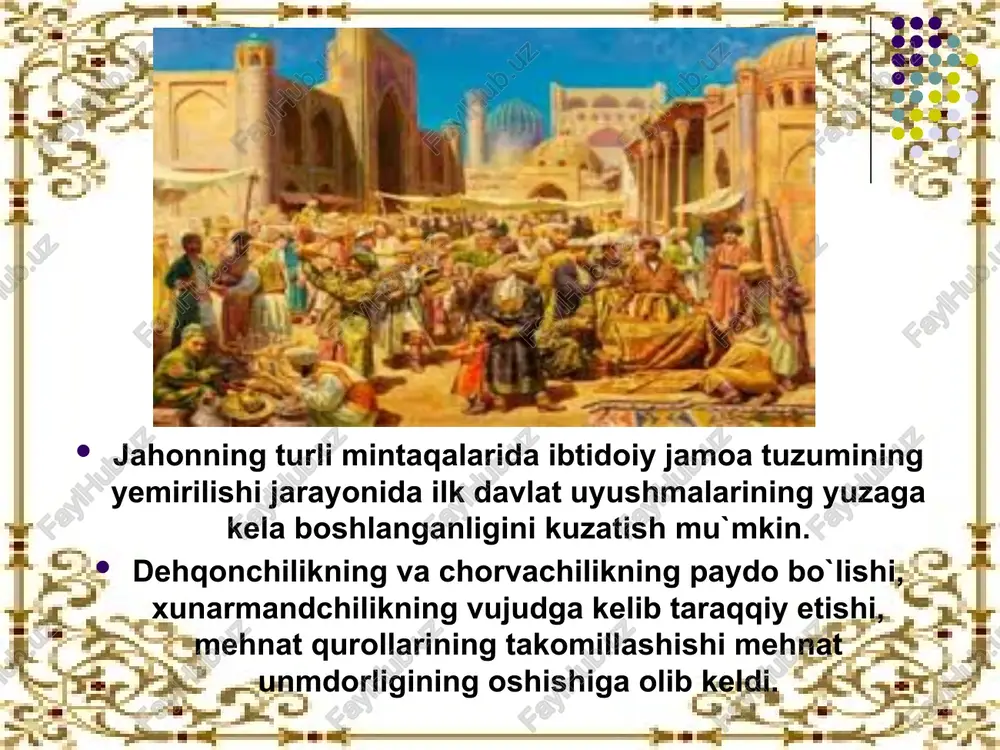rtasidagi katta yerlar qo’shib olinadi. davlatning poytaxti shimoliy afganistondagi baktro shahri edi. yunon-baktriya m.a. ii asrning uchinchi choragiga kelib sharkiy turkiston orkali kirib kelgan yuechji va sak kabilalari xujumi natijasida butunlay inkirozga uchradi. xozirgi turkmaniston va eronning bir kismini o`z ichiga olgan qadimgi parfiya davlati mustaqil davlat va imperiya sifatida 500 yildan ziyodroq yashagan. mil. avv. ii-i asrlarda m.osiyoda mavjud bo`lgan davlatlarining yana biri bu parkana davlati bo’lib u xitoy manbalarida davon deb yuritiladi. xitoy ma`lumotlariga ko’ra mil. avv. ii asrda farg`onada 300 ming aholi yashagan. vahoda shaxarlar ko`p bo`lib, poytaxti erish shahri (xozirgi marhamat) edi. image2.jpeg image3.jpeg image4.jpeg image5.jpeg image6.jpeg image7.jpeg image8.jpeg image1.png markaziy osiyoga v asr o‘rtalarida shiddat bilan kirib kelgan bu yangi ko‘chmanchi aholi yozma manbalarda xeftal, xaytal, xetal, abtal, idal, tetal, kabi qator jarangdor nomlar bilan tilga olinadi. «eftal» degan nom ilk bor «xetal» shaklida v asr arman manbalarida uchraydi. bu nom aslida «eftalon» deb yuritilgan …