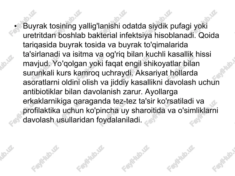 va undan ortiq pasayishi; b) kanalchalarda reabsorbsiya buzilishi natijasida siydik bilan bikarbonatlarning yakkol yo’qolishi; v) kalavacha filtratsiyasini pasayishi patogenezi (davomi) gormonal buzilishlar. buyrak gormonlar gomeostazini quvvatlashda ya’ni gormonlar ta’sirida organizm o’z ichki muhiti tarkibini bir hilda saqlab turishida gormonlar metabolizmi faol ishtirok etadi. bundan tashqari, buyrakda qon aylanishini stimullaydigan (kuchaytiradigan) eritropoetin gormoni va arteriya bosimini boshqarishda ishtirok etadigan renin sintezlanadi. ko’pgina sbye ni bemorlarda karbon suv (uglevod) modda almashinuvi buzilgan, bu holat giperglikemiya, glyukozaga tolerantlikni sezuvchanligiga buzilishi, aksariyat giperinsulinemiya, glyukoneogenez bilan ifodalanadi patogenezi (davomi) sbye da anemiya rivojlanishi quyidagi omillar ta’sirida vujudga keladi: a) eritropoetin mahsulotining kamayishi suyak iligida eritrotsitlarning qon ishlab chiqarishiga va faol unumdorligining pasayishiga olib keladi. b) eritropoez ingibitori vujudga kelishining ko’payishi (tahmin qilinishiga ko’ra u taloqda ishlab chiqariladi) ilikning eritroidli o’sishini pasaytiradi. v) ilikning funktsional sifatsizligi, gohida uning gipo va aplaziyasi. g) eritrotsitlar gemolizining kuchayishi shu qatorda ilikda ularning hayot muddatini qisqarishi patogenezi (davomi) d) «uremik …
