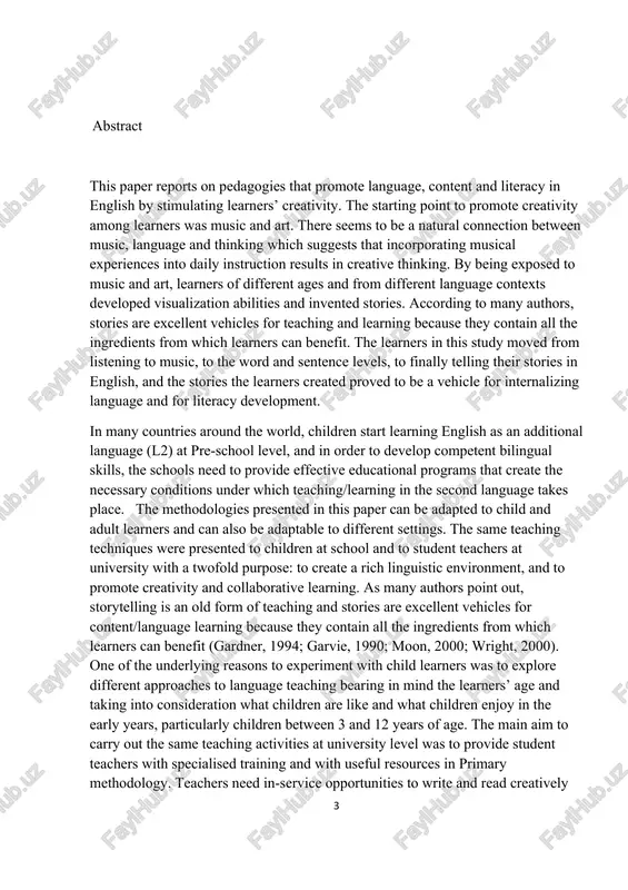 had internalized language and content after having carried out activities specifically designed to put their multiple intelligences at work. this paper is organized as follows: firstly, background information is provided on the use of the stories as a vehicle for teaching and learning, on the theory of multiple intelligences (mi) and on creative and collaborative learning. secondly, the creative writing project is described. thirdly, the results and the conclusions are presented. finally, the chief pedagogical implications are drawn. literature review storytelling is a very old form of teaching, and during story time session, teachers and pupils share language, content and feelings. children from all languages are familiarised with the format of stories, which is common to all languages and is based on the fairy tale structure. traditionally, storytelling has been used to entertain and to educate children, and stories are considered to be excellent vehicles for language teaching and learning …