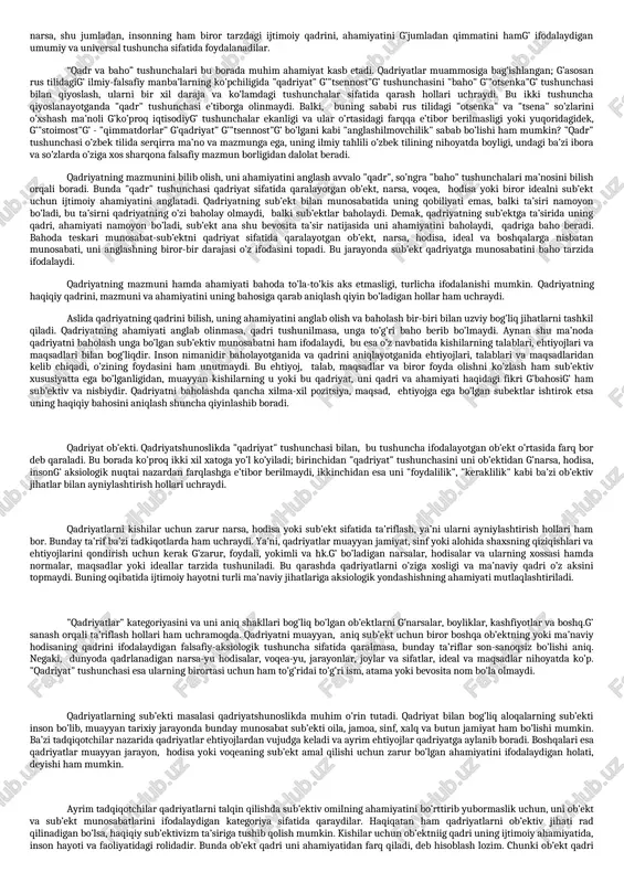 va ellatlarning o`z tarixiy taraqqiyoti davomida yaratadigan barcha moddiy va ma'naviy boyliklari, urf-odatlari, marosimlari, bayramlari va millatning o`zligini belgilaydigan boshqa o`ziga xos tomonlari yig`indisidan iboratdir. bu o`ziga xoslik moddiy, ma'naviy, ijtimoiy, oilaviy hayot, turmush tarzida namoyon bo`ladi. bundan tashqari, xalq amaliy san'ati, xalq o`yinlari, rasm-rusmlari, urf-odatlari, marosimlari milliy qadriyatlarga kiradi. milliy qadriyatlarning shakllanishiga kuchli ta'sir ko`rsatadigan omillardan biri, bu - diniy qadriyatlardir. 3. diniy qadriyatlar milliy qadriyatlar ancha keng tushuncha bo`lib, u ko`plab millatlar, elatlar, xalqlarga taallukli bo`lgan, ularni g`oyaviy jihatdan birlashtiradigan diniy talablar, g`oyalar, rivoyatlar, amaliy marosimchilik, bayramlari majmuasidan iboratdir. islom dini misolida ko`rib utadigan bo`lsak, yer yuzasida 1 milliarddan ortiq kishining islom diniga e'tiqod qilishini, islom yer yuzidagi 120 davlatda tarqalganligini, 30 dan ortiq davlatda islom davlat dini deb e'lon qilinganligini va bu kishilarning hammasini din asoslari (arkon iddin) deb xisoblangan - imon, is lom va exson talablari asosidagi birligini ko`rishimiz mumkin. imon talablari 7 ta aqidani, islom …