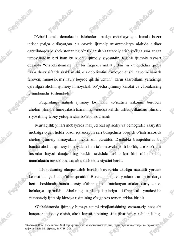 iya markazlari, oila, ayollar va bolalarga ijtimoiy yordam ko’rsatish bo’yicha hududiy markazlar va b. kiradi. o’zbekiston respublikasining qonunchiligida va boshqa me’yoriy-huquqiy xujjatlarida aholiga ijtimoiy xizmat ko’rsatilishi bo’yicha asosiy tamoyillar keltirilib o’tiladi. ular orasida quyidagicha tamoyillar ham keltirib o’tiladi: inson va fuqaroning ijtimoiy xizmat ko’rsatish hamda ularga davlat kafolotlarining ta’minlanishi bo’yicha huquqlariga rioya etilishi. shuningdek, fuqarolarning ijtimoiy xizmatlarni olishda teng imkoniyatlarga egaligi; ijtimoiy ko’mak ko’rsatilishining manzilliligi va ommabopligi, aholining ojiz qatlamlarini ijtimoiy qo’llab-quvvatlash kabi tamoyillar. uyda ijtimoiy ko’mak ko’rsatilishiga muhtoj fuqarolarni butunlay qamrab olish va ularga ko’rsatiladigan xizmatlar ro’yxatini kengaytirish imkoniyatiga ega bo’lish maqsadida o’zini boshqarish organlariga yolg'iz nafaqaxo’rlar, qariyalar va nogironlarga uyda xizmat ko’rsatish bo’yicha ish bilan shug'ullanish uchun mehnat bilan band bo’lmagan fuqarolarni vaqtincha to’lovli jamoatchilik ishlariga jalb etishga ruxsat berilgan. shubhasizki, mamlakat aholisini himoyalash va qo’llab-quvvatlash bo’yicha kompleks dasturlarining tashkillashtirilishi zarur. umuman, davlatimizning butun ijtimoiy siyosati shularning barchasiga yo’naltirilgan. ijtimoiy siyosat va ijtimoiy ish bir-biri bilan chambarchas bog'liqdir. …