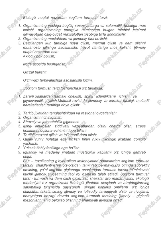 qilishga asoslanishi, hayot ritmlariga mos kelishi. ijtimoiy nuqtai nazardan esa: axloqiy pok bo’lish; iroda asosida boshqarish; go’zal bulishi; o’zini-uzi tarbiyalashga asoslanishi lozim. sog’lom turmush tarzi tushunchasi o’z tarkibiga: 1. zararli odatlardan (tamaki chekish, spirtli ichimliklarni ichish va giyoxvandlik )tiyilish.muttasil ravishda jismoniy va xarakat faolligi, mo’tadil harakatlanish tartibiga rioya qilish: 2. tarkib jixatidan tenglashtirilgan va rastional ovqatlanish: 3. organizmni chiniqtirish: 4. shaxsiy va jamoatchilik gigienasi: 5. ijobiy ehtiroslar, ziddiyatli vaziyatlardan o’zini chetga olish, stress holatlarini oqilona echimini topa bilish: 6. tartibli mexnat qilish va to’laqonli dam olish: 7. qulay ruhiy holatga ega bo’lish bilan ruxiy filiologik jixatdan qoniqib yashash: 8. yuksak tibbiy faollikga ega bo’lish: 9. iqtisodiy va madaniy jihatdan mustaqillik kabilarni o’z ichiga qamrab oladi. fan – texnikaning g’oyat ulkan imkoniyatlari odamlardan sog’lom turmush tarzini shakllantirishni o’z-o’zidan taminlab bermaydi.bu o’rinda sub’ektiv omilning, ya’ni sog’lom gigienaga asoslangan turmush tarzini ta’minlovchi kuchli ijtimoiy siyosatning faol rol o’ynashi talab etiladi. sog’lom turmush tarzi …