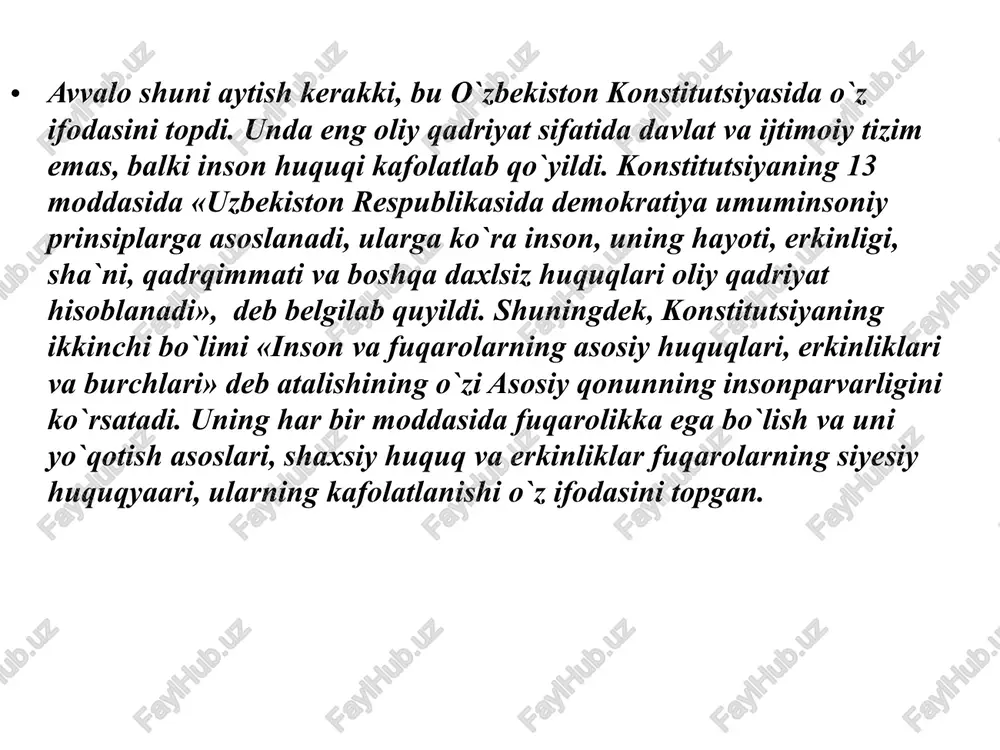 zi tashabbuskor va rahnamo bo`layotir. bu mamlakatimizda goyat insonparvar siyosat mavjudligining natijasidir. bu esa, o`zbekistonda insonning tabiat gultoji, olam sarvari sifatida e`zozlanadigan jamiyat shakllanayotganidan dalolatdir. shu bilan birga, inson huquqlari bo`yicha o`zbekiston respublikasi milliy markazining tashkil topishi o`zbekistonda inson, uning hayoti, erkinligi, sha`ni, qadrqimmati va boshqa daxlsiz huquqlari oliy qadriyat hisoblanishining yana bir bor yorqin dalilidir. o`zbekiston o`z «ittifokdosh»laridan ancha ilgarilab ketdi, desak xato bo`lmaydi. ushbu qonunda shunday satrlar bor: «oliy majlisning inson huquqlari bo`yicha vakili (ombudsman) mansabdor shaxslar, tashkilotlar va davlat organlarining inson huquqi, erki va qonuniy manfaatlarini davlat tomonidan qimoya qilinishini ta`minlashga ko`maklashish maqsadida faoliyat ko`rsatadi». ayni choqda istiqlolga erishilgandan so`ng mamlakatda inson huquqlari va erkinliklariny kafolatlashga qaratilgan qator amaliy tadbirlar ham o`tkazildi. jumladan, 1996 yil may oyida «fuqarolarni huquqiy himoya qilish va aholining huquqiy madaniyatini kjsaltirish» mavzusiga bagishlangan respublika huquqshunoslari konferensiyasi bo`ldi. adabiyotlar: karimov i.a. o`zbekistonning o`z istiqlol va taraqqiyot yo`li. toshkent. «o`zbekiston», 1992. karimov i.a. istiqlol …