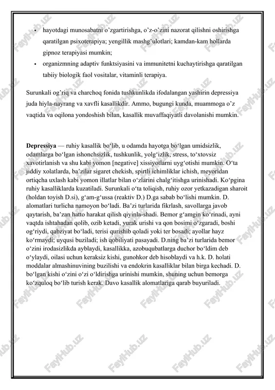 di. surunkali oʻta toliqish, ruhiy ozor yetkazadigan sharoit (holdan toyish d.si), gʻam-gʻussa (reaktiv d.) d.ga sabab boʻlishi mumkin. d. alomatlari turlicha namoyon boʻladi. baʼzi turlarida fikrlash, savollarga javob qaytarish, baʼzan hatto harakat qilish qiyinla-shadi. bemor gʻamgin koʻrinadi, ayni vaqtda ishtahadan qolib, ozib ketadi, yurak urishi va qon bosimi oʻzgaradi, boshi ogʻriydi, qabziyat boʻladi, terisi qurishib qoladi yoki ter bosadi; ayollar hayz koʻrmaydi; uyqusi buziladi; ish qobiliyati pasayadi. d.ning baʼzi turlarida bemor oʻzini irodasizlikda ayblaydi, kasallikka, azobuqubatlarga duchor boʻldim deb oʻylaydi, oilasi uchun keraksiz kishi, gunohkor deb hisoblaydi va h.k. d. holati moddalar almashinuvining buzilishi va endokrin kasalliklar bilan birga kechadi. d. boʻlgan kishi oʻzini oʻzi oʻldirishga urinishi mumkin, shuning uchun bemorga koʻzquloq boʻlib turish kerak. davo kasallik alomatlariga qarab buyuriladi. shok (frans. sos — zarba) — odam hayotiga xavf tugʻdiruvchi holat; haddan tashqari kuchli taʼsirotlar natijasida nerv, endokrin, qon aylanishi, nafas sistemalari faoliyatining hamda moddalar almashinuvining buzilishi bilan ifodalanadi. koʻpincha …