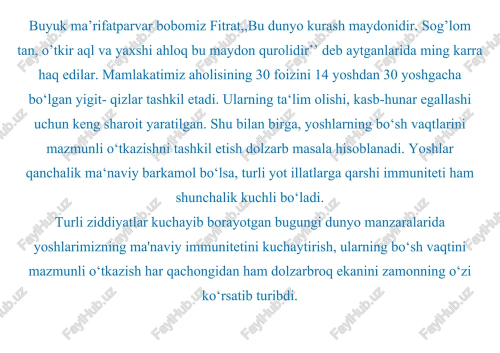 oʻz uzmasdan ulgʻayayotganlari ham bor gap. bularning barchasi kichkintoylar dunyoqarashini shunga yarasha shakllantirmoqda, fikrlashga oʻrgatmoqda. shu tariqa kamolga yetayotgan oʻgʻil-qizlar hayotda munosib oʻrnini topishidan umidvormiz. prezidentimiz aytganlaridek: biz abdulla avloniyning “tarbiya biz uchun – yo hayot yo mamot, yo najot – yo halokat, yo saodat – yo falokat masalasidir” degan so’zlarini ko’p bora esga olamiz. biroq unga e’tibor qilish u yoqda tursin, ko’p hollarda bu da’vatning mohiyati va ahamiyatini tushuntirib ham berolmaymiz. boshqacha aytganda, ushbu tizimning sifati bugungi va ertangi hayotimiz darajasini belgilashi kerak. bu borada milliy ta’lim-tarbiya tizimini shakllantirishda bir omil borki, uni ro’yobga chiqarish uchun faqat istak, mablag’, vaqtning o’zi kifoya emas. oiladagi bu tarbiya maktabda izchil davom ettirish uchun nima qilmoq kerak? bu savolga prezidentimiz shavkat mirziyoyev tomonidan ilgari surilgan 5 tashabbus gʻoyasidan aniq javob topamiz. bu tashabbuslar zamirida qanchalik ezgu maqsadlar mujassam ekanini uning mohiyatini toʻgʻri tushunganlar teran his etadi. xo’sh bu borada bugungi kunga qadar …