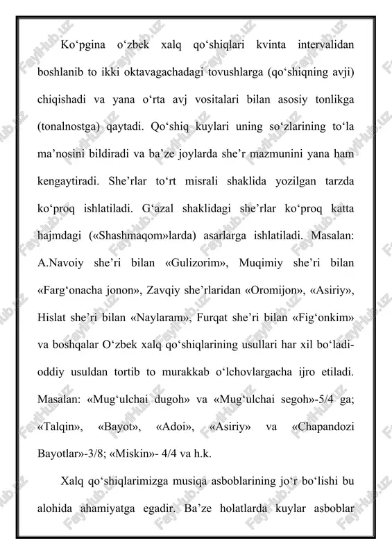 , «ul kun jonon» va boshqalar. - lapar xalq orasida juda ko‘p uchraydigan musiqiy merosdir. lapar ko‘proq xotin-qizlar tomonidan raqs va qo‘shiqni birligida ijro etiladi. laparlar har xil mazmundagi asarlardan iborat bo‘lib ishq-muhabbat, mehnat va yoshlikni tarannum etadigan ohanglardan iboratdir. masalan «qora soch», «oyijon» va boshqalar. - marosim (obryadovie) qo‘shiqlari xalq orasida uncha ko‘p bo‘lmasada, lekin turmush sharoitining odatiga kirib qolgan. masalan: «yor-yor». nikoh marosimlarida ijro etiladigan bu qo‘shiq qiz bolani turmushga uzatish vaqtida aytilib quvnoq va sho‘x suratda ijro etiladi. «yor-yor» qo‘shig‘i birnecha variantni tashkil etadi. toshkentda bir xili, farg‘onada va namonganda ikkinchi, samarqandda boshqa xillari mavjuddir. - marsiya, yig‘i qo‘shig‘i o‘lim marosimlarida aytiladigan asarlar turkumidir. marsiya, yig‘ilarni xotin-qizlar ichkarida, uyda aytadilar. yig‘i so‘zlarini o‘lgan kishining yaqinlari aytadilar va qolganlar o‘z hamdartliklarini yig‘i vositalari bilan izhor etadilar. - mehnatga bag‘ishlangan qo‘shiqlar xalq orasida tez-tez uchrab turadigan asarlardirkim, bular «charx», «hashar», «paxta terish», «mehnat ahli», «fabrika», «paxtakorlar» nomli qo‘shiqlardan iboratdir. …