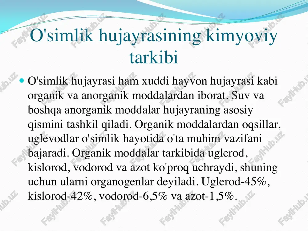 holati deyiladi. hujayra po'stining taranglashishiga olib keluvchi ichki kuchni turgor bosimi (t) deb ataladi. aynan hujayralarning tarangligi butun o'simlik organizmini tik turish qobiliyatini ta'minlaydi. agar hujayra yuqori kontsentrasiyali eritmaga, masalan osh tuzi eritmasiga solinsa, hujayra shirasidagi suv tashqi eritmaga chiqa boshlaydi va hujayraning hajmi kichrayadi. shuning bilan birgalikda sitoplazma ham qisqaradi va u hujayra po'stidan ajrala boshlaydi. hujayraning bunday holatini plazmoliz deb ataladi.  plazmoliz holatidagi hujayra toza suvga tushirilsa, u suvni shimib yana o'zining avvalgi holatiga qaytadi. bunga deplazmoliz deyiladi. asosan plazmolizning uch xil holati kuzatiladi, ya'ni plazmolizning boshlang'ich fazasi, botiq va qavarik plazmoliz.  o'simlik hujayralarining turgor holati fiziologik jarayonlarning muqobilligini belgilaydi. buning uchun hujayra shirasini osmotik bosimi tuproq eritmasining osmotik bosimidan katta bo'lishi lozim.  fotosintez jarayonida, odatda (yuksak o'simliklarda har doim) anorganik modda quyosh nuri ta’sirida organik moddaga (tipik hollarda - uglevodlarga) aslanadi. fotosintezda hosil bo'lgan organik moddada, assimilatsiyada ham akkumulirlangan energiya, va shuningdek o'zlashtirilgan modda …