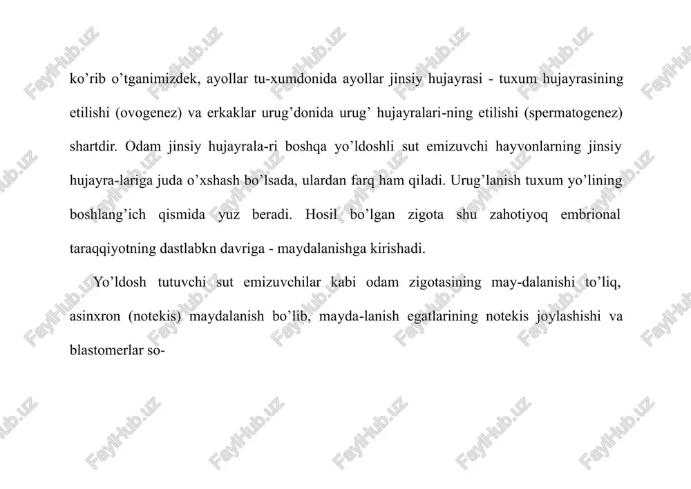 ishi tufayli ho mila taraqqiyoti jadal davom etadi. homila bachadon devorining shilliq qavatiga implantatciya qilingan va o’suvchi pufakka aylangandan so’ng bachadon devorining shilliq qavati o’zgarishlarga uchray boshlaydi. shilliq par-daning ikkala qavati yana ham yaqqol ko’rinadi. uning birinchi zich qavati detcidual hujayralardan hamda bachadon bezlarining chiqaruv naylaridan iborat. ikkinchi qavati esa g’ovak bo’lib,uni nihoyatda kattalashgan bachadon bezlari tashkil etadi. bachadon-ning bu darajada o’zgargan shilliq qavati emiriladi. bachadon shilliq qavati o’zgarishlari avval uning butun devori bo’ylab keng tarqaladi, keyinchalik esa har xil qismlarida ular turli-cha bo’ladi. trofoblastda bo’labigan o’zgarishlarga undagi hujayralar sonining keskin ko’payishi va devorining qalinlashishi asos bo’ladi. ayni vaqtda, trofoblastning tashqi yuzasida hujayralar to’plamidan iborat o’simtalar - trofoblast so’rg’ichlari (vor-sinkalari) vujudga keladi. trofoblastning birlamchi vorsinka-lari bachadon shilliq qavatiga chuqurroq o’sib kirishi jarayonida bachadon bezlari va qon tomirlar devorlarining eritib yuborishi tufayli homila pufagi atrofida yarim suyuq modda hosnl bo’lishiga sababchi bo’ladi. trofoblast vorsinkalarning o’sib kattalashishi bilan bir> vaqtda homilaning embrional …