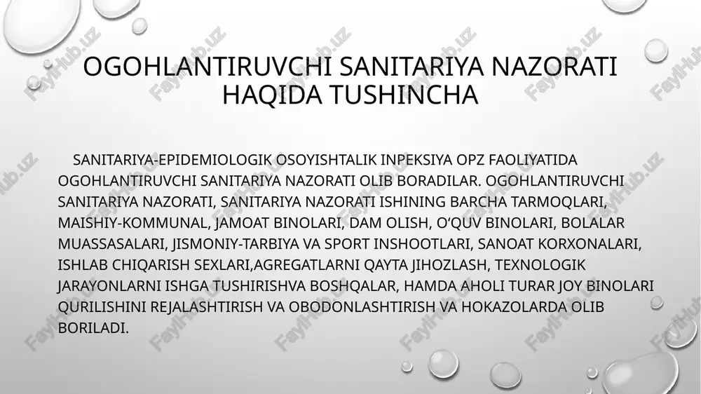 salarinig barcha bo‘limlari va bo‘linmalaritominidan amalga oshiriladi. joriy sanitariya nazorati dsenilarning kundalaik olib borayotgan faoliyatlarini belgilaydi. ularga asosan quyidagilar kiradi: mehmat(tarbiya, o‘qitish)sharoitlarinig sanitariya-gigiyenik jihatdan o‘rganish, ishlab chiqarish sharoitlarigagigiyenikjihatdan baho berish(texnologik jarayonning xarakteri, ishlab chiqarish jarayoni mexanizatsiyalanganlikdarajasi, ishlab chiqarish jihozlari va aparatlarning holati, sanitariya texnik qurilmalarva jihozlar bilan taminlanganlik va boshqalar). tashkilotlar, kommunal muassasalar, o‘quv yurtlari, bolalar muassasalri, ishlab chiqarish, jamoatva madaniy-maishiy binolarda sanitatiya-gigiyenik normalar va qoidalarga rioya qilinishi bo‘yicha doimiy , muntazam ravishda lavaratoriya nazoratini olib borish. u yoki bu salbiy omillarni aniqlash, ularni kamaytirihs va obyektlarning holatini yaxshilash bo‘yicha chora tadbirlar ishlab chiqish. ishchilar, hizmatchilar, bolalar va o‘smirlar arasidagi kasallanish, shikastlanish hollarini o‘rganish, kasbiy zaharlanish, kasb kasalliklarini oldini olish va profilaktikasi bo‘yicha chora tadbirlar ishlab chiqish. profilaktik ko‘riklarni tashkil etish va ularnibo‘tkazish, o‘smirlar va ayollarni ishlari ustidan sanitariya qonunchiligiga qat‘iyan rioya qilinayotganligi bo‘yicha nazorat o‘rnatish. bolalar va opsmirlarning normal jismoniy rivojlanishi uchunularning salomatligini mustahkamlovchi va to‘laligicha fiziologiktalablarga javob beruvchi …