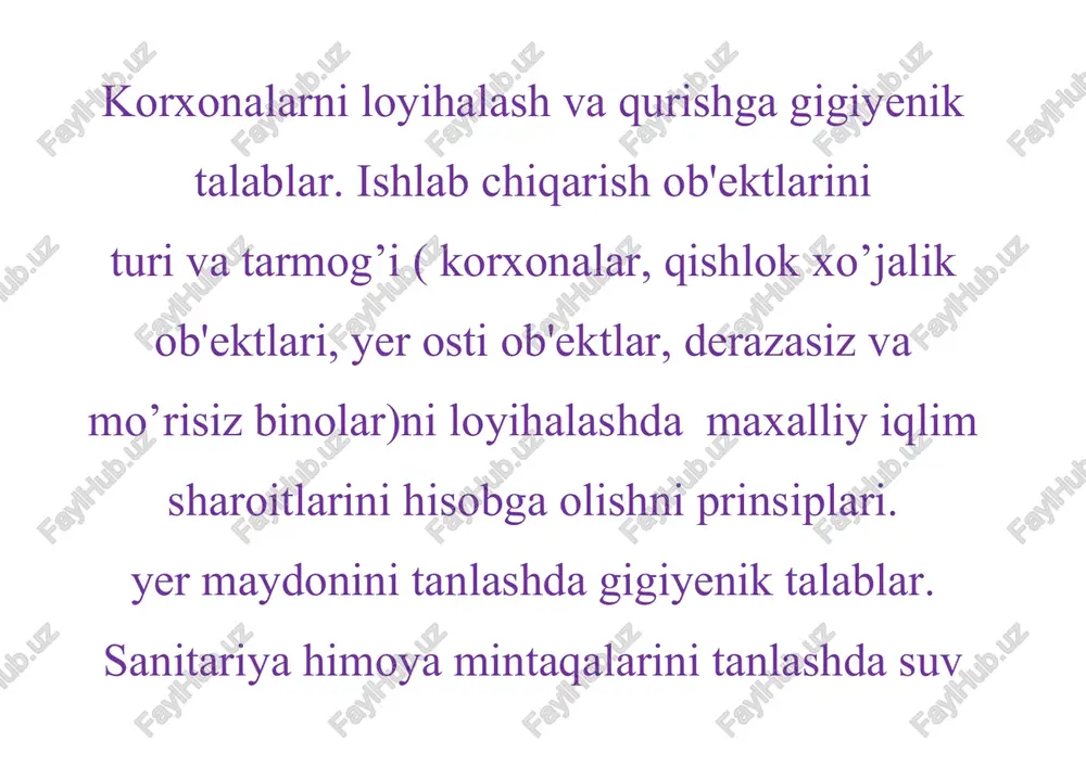 kasida paxta yetishtirish va paxta tozalash zavodlarining o’rni. hozirgi zamon qishloq xo’jaligining o’ziga xos gig.muammolari. paxta tozalash zavodlarining atrof-muhitga ta'siri. paxta yetishtirish jarayonida ishlovchilar mehnat sharoitlari. paxtachilikda texnologik jarayon ketma-ketligi, o’ziga xos xususiyatlari. paxta yetishtirish, yer haydash va tayyorlash ishlari. asosiy kasbdagi ishlovchilarga ta'sir etuvchi yetakchi omillar. qishloq xo’jalik mexanizatorlarini mehnat sharoitl ari. paxta tozalash zavodlarida ishlovchilar organizmiga ta'sir etuvchi kompleks zararli va havfli omillar. paxtani ekish, o’stirish va terish jarayonlariga tavsif. paxtachilikda qo’llaniluvchi turli xil pestitsidlar. paxta tozalash zavodlarida kasb kasalliklari. ishlovchilar salomatligidagi o’zgarishlar va sog’lomlashtirish chora-tadbirlari. yengil sanoat korxonalarda mehnat gigiyenasi asosiy tarmoklar: to’qimachilik, tikish, tikuvchilik, poyafzal va teri maxsulotlarini ishlab chiqarish. mexanizatsiya darajasi. texnologik jarayonga gigiyenik tavsif. ishlab chiqarish asboblariga gigiyenik va ergometrik tavsif. tayyorlov bosqichi: xom-ashyoni turi va uni tayyorlash. ishlab chiqarishning va maxsulotning xilma-xilligi. ishlab chiqarishda xavfli va zararli omillar: chang, shovqin, tebranish, noqulay metereologik sharoit, majburiy ishchi holat, monotonlik, tikuvchilikda gipokineziya holati. umumiy va …