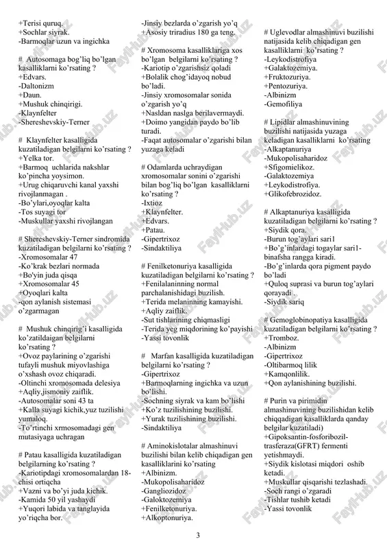 on-34 %. # klaynfelter sindromida kuzatiladigan dermatoglifik belgilar; +barmoq uchlarida aylanasimon va yoysimon chiziqlar ko’proq uchraydi. -asosiy triradius kaftning distal tomonida -barmoqlar umumiy chiziqlarining soni kamaygan -barmoq uchlarida yoysimon chiziqlar ko’proq uchraydi +barcha barmoqlardagi teridan bo’rtib chiqqan chiziqlar soni kamaygan. +asosiy triradius kaftning proksimal tomonida. # populyasiya xillarini ko’rsating ? +panmiktiv. -gomologik +izolyantlar. -dezruptiv +demlar. -stabillashgan # irsiy jixatdan bir-biriga yaqin bo’lgan oliy darajadagi organizmlarning ko’rsating ? +mongoloidlar -lemurlar +negroidlar -gibbonlar +yevropoidlar -orangutanlar # hardi-vaynberg formulasidan foydalansa bo’ladigan holatlarni belgilang ? +autosomada joylashgan bir juft gen o’rganilayotgan bo’lsa. +otalanish va gametalarning qo’shilishidan tasodifiy bo’lganda. +sodir bo’lgan mutasiyada orqaga qaytish bo’lmasa. -populyasiyada individlar soni kam bo’lganda -autosomada joylashgan bir necha juft gen o’rganilayotgan bo’lsa -populyasiyadagi individlarning serpushtligi har xil bo’lganda # hozirgi zamon odam populyasiyalarida ilgari ko’zatilmagan qanday jarayonlarni ko’rish mumkin +izolyantlar o’rtasidagi nikohning juda kamayishi. +muhitning sog’lomlashganligi tufayli genotip xossasining to’liq yuzaga chiqishi. +bir xil kasallik o’rniga ikkinchi kasalliklarning paydo …