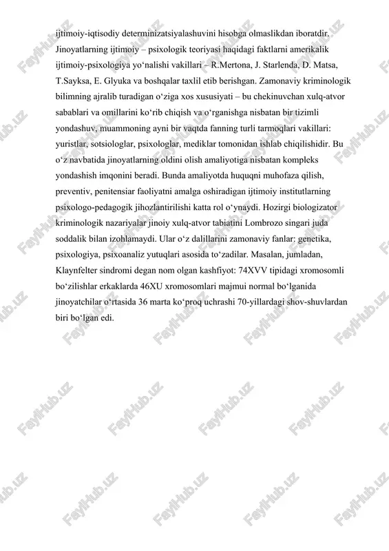 nida jinoyatchilar o‘rtasida 36 marta ko‘proq uchrashi 70-yillardagi shov-shuvlardan biri bo‘lgan edi. bob. jinoyat psixologiyasining to’rt roli 1.1 tergov jarayonlarida psixologiyani o’rni jinoyat psixologiyasi, deb ham ataladi kriminologik psixologiya, bu qarashlar, fikrlar, niyatlar, harakatlar va reaktsiyalarni o'rganishdir jinoyatchilar va unda qatnashadiganlarning barchasi jinoiy xatti-harakatlar. jinoyat psixologiyasi sohasi bilan bog'liq jinoiy antropologiya. tadqiqot chuqur kirib boradi kimnidir jinoyat qilishga majbur qiladigan narsa, shuningdek, jinoyatdan keyin, qochish paytida yoki sudda bo'lgan reaktsiyalar. jinoyat psixologlari sud ishlarida guvoh sifatida tez-tez chaqirilib, hakamlar hay'ati jinoyatchining ongini tushunishga yordam beradi. ba'zi turlari psixiatriya jinoiy xatti-harakatlarning aspektlari bilan ham shug'ullanadi. jinoiy xatti-harakatlarni "odatda qonun bilan jazolanadigan, ammo jamoat tomonidan belgilangan me'yorlar bilan jazolanishi mumkin bo'lgan har qanday antisosial xatti-harakatlar" deb aytish mumkin, shuning uchun buni aniqlash qiyin, chunki ko'rib chiqilishi mumkin bo'lgan narsalar o'rtasida aniq bir chiziq mavjud. yaxshi va nima bo'lmasligi mumkin deb hisoblansa, bir vaqtning o'zida qoidabuzarlik sifatida qabul qilinishi endi jamoat tomonidan qabul …