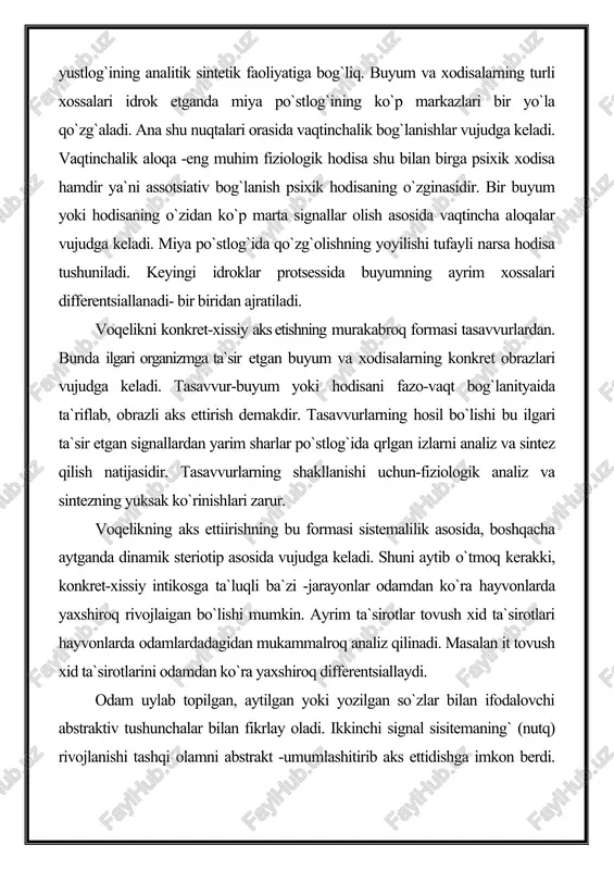 v sistemaning evolyutsion rivojlanishda morfologik farqdariga asoslanadi. hayvonlarning ma`lum turida nerv sistema bir qator funktsional xususiyatlari bilan farq bo`ladi. shu bilan birga bitta turga mansub turli xil individlar nerv sistemasi ma`lum individual xususiyatlari va belgilari bilan farq qiladi. i.p. pavlov turli hayot vaziyatda odam va hayvonlarda shartli reflektor faoliyat xususiyatlarini o`rganib oliy nerv faoliyati tiplari xaqidagi ta`limotni yaratdi. bu ta`limbt ilm va xalq xujaligining turli sohalarining vakillarini nerv sistemani funktsional xolatiga faol, ijodiy, ongli ta`sir etish imkonini berdi. i.pavlov nerv sistemaning tipi deganda nerv sistemaning individual xususiyatlarini tushunadi. odam oliy nerv faoliyatiga nisbatan nerv tiplari deyilganda harakter yoki temperamentlari tushuniladi. nerv tipining ko`rsatkichlari bo`lib, tabiiy va laboratoriya ta`sirida shartli reflektor faoliyatning xususiyatlari hisoblanadi. oliy nerv faoliyatining tipologik ko`rsatkichlari sifatida hammadan avval shartli reflekslarning hosil bo`lish tezligi hisoblanadi. bu xususiyat bir turdagi turli hayvonlarda turli xildir. oliy nerv faoliyatining individual xususiyatining bopsha ko`rsatkichi bo`lib shartli refleksii balandligi hisoblanadi. oliy nerv faoliyatining …