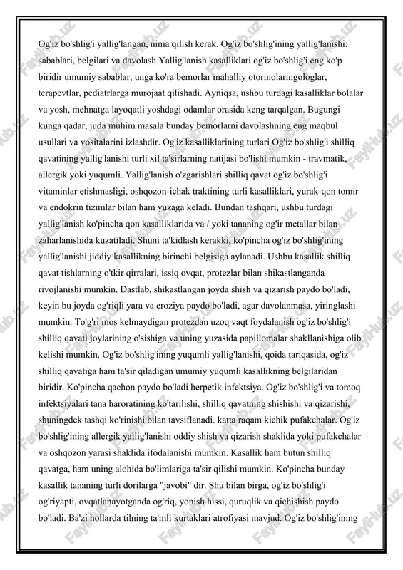 n kasalliklarida va / yoki tananing og'ir metallar bilan zaharlanishida kuzatiladi. shuni ta'kidlash kerakki, ko'pincha og'iz bo'shlig'ining yallig'lanishi jiddiy kasallikning birinchi belgisiga aylanadi. ushbu kasallik shilliq qavat tishlarning o'tkir qirralari, issiq ovqat, protezlar bilan shikastlanganda rivojlanishi mumkin. dastlab, shikastlangan joyda shish va qizarish paydo bo'ladi, keyin bu joyda og'riqli yara va eroziya paydo bo'ladi, agar davolanmasa, yiringlashi mumkin. to'g'ri mos kelmaydigan protezdan uzoq vaqt foydalanish og'iz bo'shlig'i shilliq qavati joylarining o'sishiga va uning yuzasida papillomalar shakllanishiga olib kelishi mumkin. og'iz bo'shlig'ining yuqumli yallig'lanishi, qoida tariqasida, og'iz shilliq qavatiga ham ta'sir qiladigan umumiy yuqumli kasallikning belgilaridan biridir. ko'pincha qachon paydo bo'ladi herpetik infektsiya. og'iz bo'shlig'i va tomoq infektsiyalari tana haroratining ko'tarilishi, shilliq qavatning shishishi va qizarishi, shuningdek tashqi ko'rinishi bilan tavsiflanadi. katta raqam kichik pufakchalar. og'iz bo'shlig'ining allergik yallig'lanishi oddiy shish va qizarish shaklida yoki pufakchalar va oshqozon yarasi shaklida ifodalanishi mumkin. kasallik ham butun shilliq qavatga, ham uning alohida bo'limlariga …