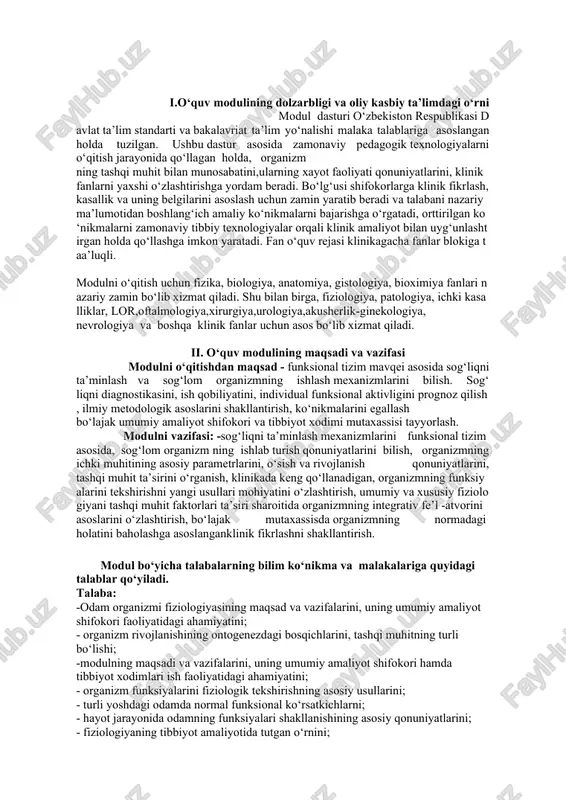 agi holatini baholashga asoslanganklinik fikrlashni shakllantirish. modul bo‘yicha talabalarning bilim ko‘nikma va malakalariga quyidagi talablar qo‘yiladi. talaba: -odam organizmi fiziologiyasining maqsad va vazifalarini, uning umumiy amaliyot shifokori faoliyatidagi ahamiyatini; - organizm rivojlanishining ontogenezdagi bosqichlarini, tashqi muhitning turli bo‘lishi; -modulning maqsadi va vazifalarini, uning umumiy amaliyot shifokori hamda tibbiyot xodimlari ish faoliyatidagi ahamiyatini; - organizm funksiyalarini fiziologik tekshirishning asosiy usullarini; - turli yoshdagi odamda normal funksional ko‘rsatkichlarni; - hayot jarayonida odamning funksiyalari shakllanishining asosiy qonuniyatlarini; - fiziologiyaning tibbiyot amaliyotida tutgan o‘rnini; - amaliy ishlarni mustaqil bajarishni, olingan natijalarni baholashni; - ilmiy adabiyot bilan mustaqil ishlashni, organizm tizimlarining tasnifini bilishi va ulardan foydalana olishi; - ahamiyatga ega bo‘lgan funksional ko‘rsatkichlarni o‘lchash; - barmoqdan qon olish texnikasi, gemoglobinni aniqlash; - eritrotsitlarni va leykotsitlarni sanash; - qon guruhlarini avo sistemasida aniqlash; - qon rezus mansubligini aniqlash; - eritrotsitlar cho‘kish tezligini aniqlash; - qon ivish va qon oqishining to‘xtash vaqtini aniqlash; - sog‘lom odam ekg …