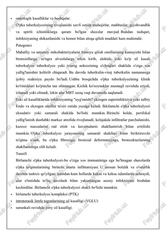 lan aloqa qilish muddati ham muhimdir. patogenez mahalliy va umumiy mikobakteriyalarni himoya qilish omillarining kamayishi bilan bronxiollarga, so'ngra alveolalarga erkin kirib, alohida yoki ko'p sil kasali tuberkulyoz tuberkulyoz yoki tvorog nekrozining o'choqlari shaklida o'ziga xos yallig'lanishni keltirib chiqaradi. bu davrda tuberkulin-viraj tuberkulin namunasiga ijobiy reaktsiya paydo bo'ladi. ushbu bosqichda o'pka tuberkulyozining klinik ko'rinishlari ko'pincha tan olinmagan. kichik ko'zoynaklar mustaqil ravishda eriydi, izlanadi yoki olinadi, lekin ular mbt uzoq vaqt davomida saqlanadi. eski sil kasalliklarida infektsiyaning "uyg'onishi" ekzogen superinfektsiya yoki salbiy endo va ekzogen omillar ta'siri ostida yuzaga keladi. ikkilamchi o'pka tuberkulyozi eksudativ yoki samarali shaklda bo'lishi mumkin. birinchi holda, perifokal yallig'lanish dastlabki markaz atrofida rivojlanadi; kelajakda infiltratlar parchalanishi, kazeoz massalarini rad etish va kavernalarni shakllantirish bilan eritilishi mumkin. o'pka tuberkulyoz jarayonining samarali shakllari bilan biriktiruvchi to'qima o'sadi, bu o'pka fibroziga, bronxial deformatsiyaga, bronxektazlarning shakllanishiga olib keladi. tasnifi birlamchi o'pka tuberkulyozi-bu o'ziga xos immunitetga ega bo'lmagan shaxslarda o'pka to'qimalarining birinchi marta …