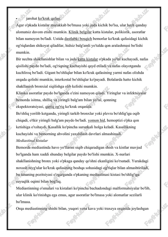 orda isitma, shilliq va yiringli balg'am bilan yo'tal, qonning ekspektoratsiyasi, qattiq og'riq ko'krak orqasida. bo'shliq yorilib ketganda, yiringli tarkib bronxlar yoki plevra bo'shlig'iga oqib chiqadi, o'tkir yiringli balg'am paydo bo'ladi. yomon hid, hemoptizi o'pka qon ketishiga o'xshaydi. kasallik ko'pincha surunkali holga keladi. kasallikning kuchayishi va bemorning ahvolini yaxshilash davrlari almashinadi. mediastinal kistalar bemorda mediastinda havo yo'llarini siqib chiqaradigan shish va kistlar mavjud bo'lganda ham xuddi shunday belgilar paydo bo'lishi mumkin. x-nurlari shakllanishning bronx yoki o'pkaga qanday qo'shni ekanligini ko'rsatadi. yurakdagi noxush tuyg'ular ko'krak qafasining boshqa sohasidagi og'riqlar bilan almashtiriladi, bu tananing pozitsiyasi o'zgarganda o'pkaning mediastinasi kistasi bo'shlig'iga suyuqlik oqimi bilan bog'liq. mediastinning o'smalari va kistalari ko'pincha bachadondagi malformatsiyalar bo'lib, ular klinik ko'rinishga ega emas, agar asoratlar bo'lmasa yoki alomatlar sezilarli bo'lmasa. orqa mediastinning shishi bilan, yuqori vena kava yoki traxeya orqasida joylashgan asab tugunlarining siqilishi tufayli, bosh og'rig'i. kistdan nafas qisilishi, yuzning siyanozi, orqa miya buzilishi ham bo'lishi mumkin. echinokokk …