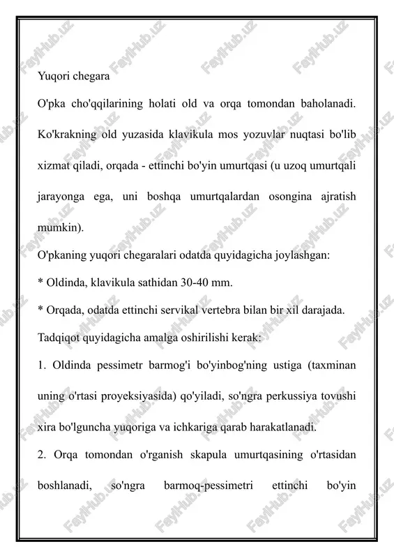 n tomondan muhim belgilar uchta qo'ltiq osti chizig'idir - old, o'rta va orqa, ular mos ravishda qo'ltiq osti bo'shlig'ining old chetidan, markazdan va orqa chetidan boshlanadi. orqa tomonda o'pkaning qirrasi skapula burchagidan tushadigan chiziqqa va umurtqa pog'onasi tomonida joylashgan chiziqqa nisbatan aniqlanadi. o'pkaning pastki chegaralarining siljishi shuni ta'kidlash kerakki, nafas olish jarayonida ushbu organning hajmi o'zgaradi. shuning uchun o'pkaning pastki chegaralari odatda 20-40 mm yuqoriga va pastga siljiydi. chegaraning holatida doimiy o'zgarish ko'krak yoki qorin bo'shlig'ida patologik jarayonni ko'rsatadi. o'pka amfizem bilan haddan tashqari kattalashadi, bu chegaralarning ikki tomonlama pastga siljishiga olib keladi. diafragmaning gipotenziyasi va qorin bo'shlig'i organlarining aniq prolapsasi boshqa sabablar bo'lishi mumkin. sog'lom o'pkaning kompensatsion kengayishi, ikkinchisi, masalan, umumiy pnevmotoraks, gidrotoraks va boshqalar natijasida qulab tushgan holatda bo'lsa, pastki chegara bir tomondan pastga siljiydi. o'pka chegaralari odatda ikkinchisining ajinlari (pnevmoskleroz), bronxial obstruktsiya natijasida lobning yiqilishi, plevra bo'shlig'ida ekssudatning to'planishi (natijada o'pka yiqilib, o'pka bo'shlig'i bo'shlig'ida to'planishi) tufayli …